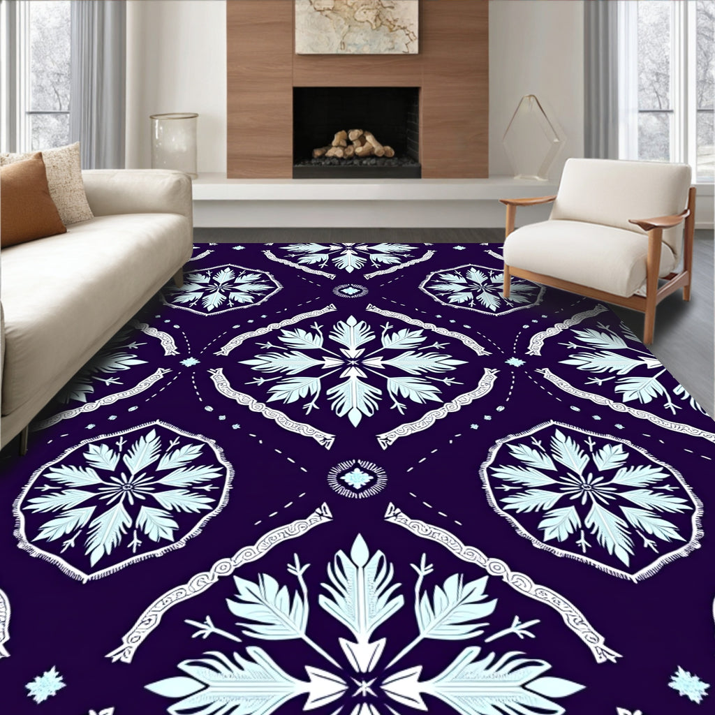 Dark Blue White Symmetrical Floral Ornament Rug