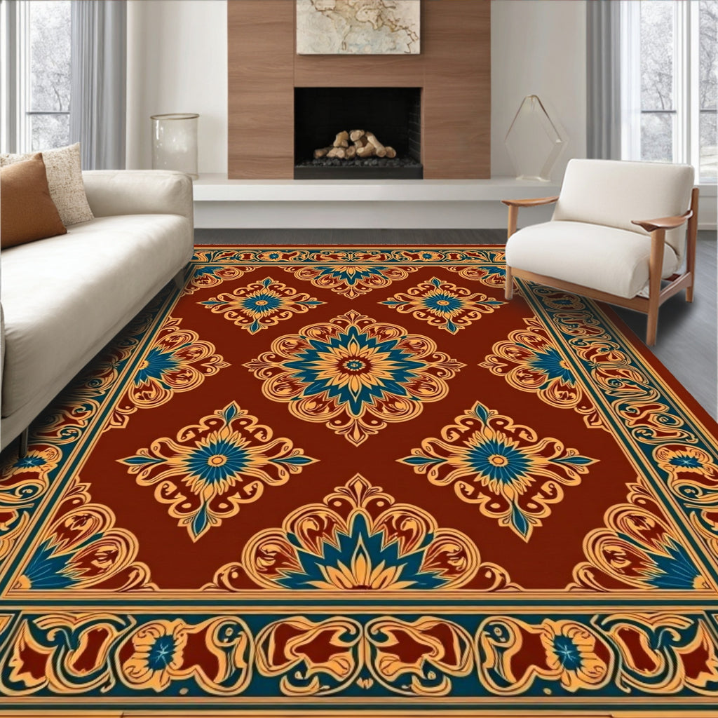 Rich Burgundy And Blue Floral Pattern Rug