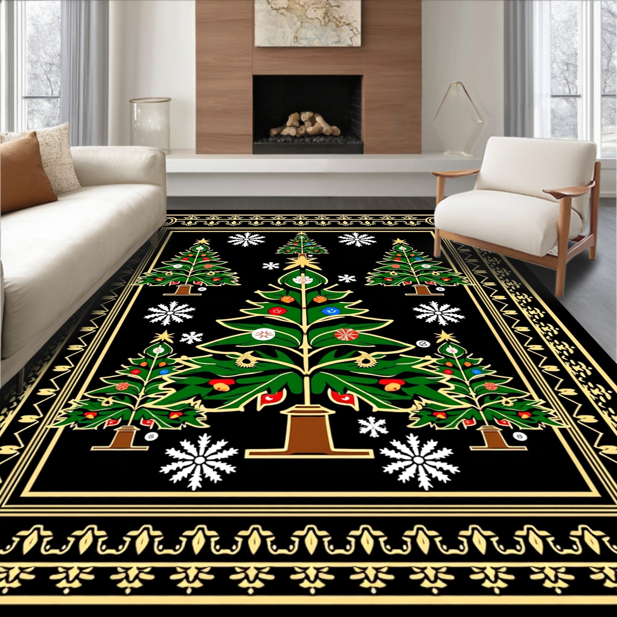 Festive Green Christmas Trees Snowflake Border Rug