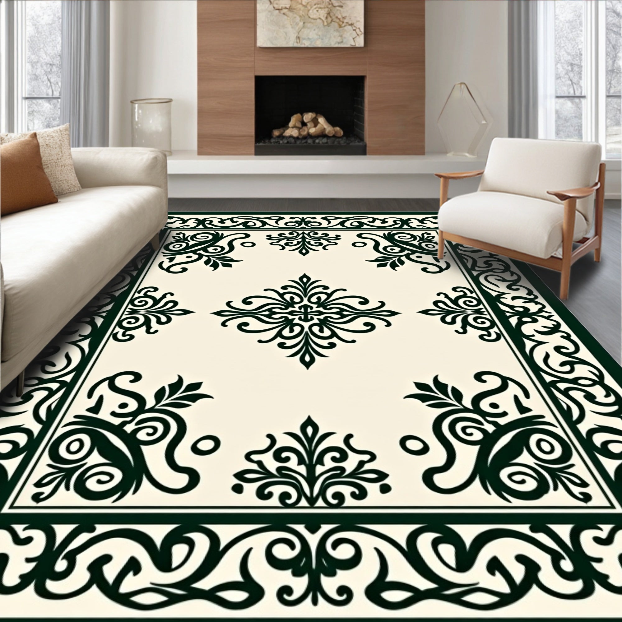 Elegant Black Flourish Border Design Rug