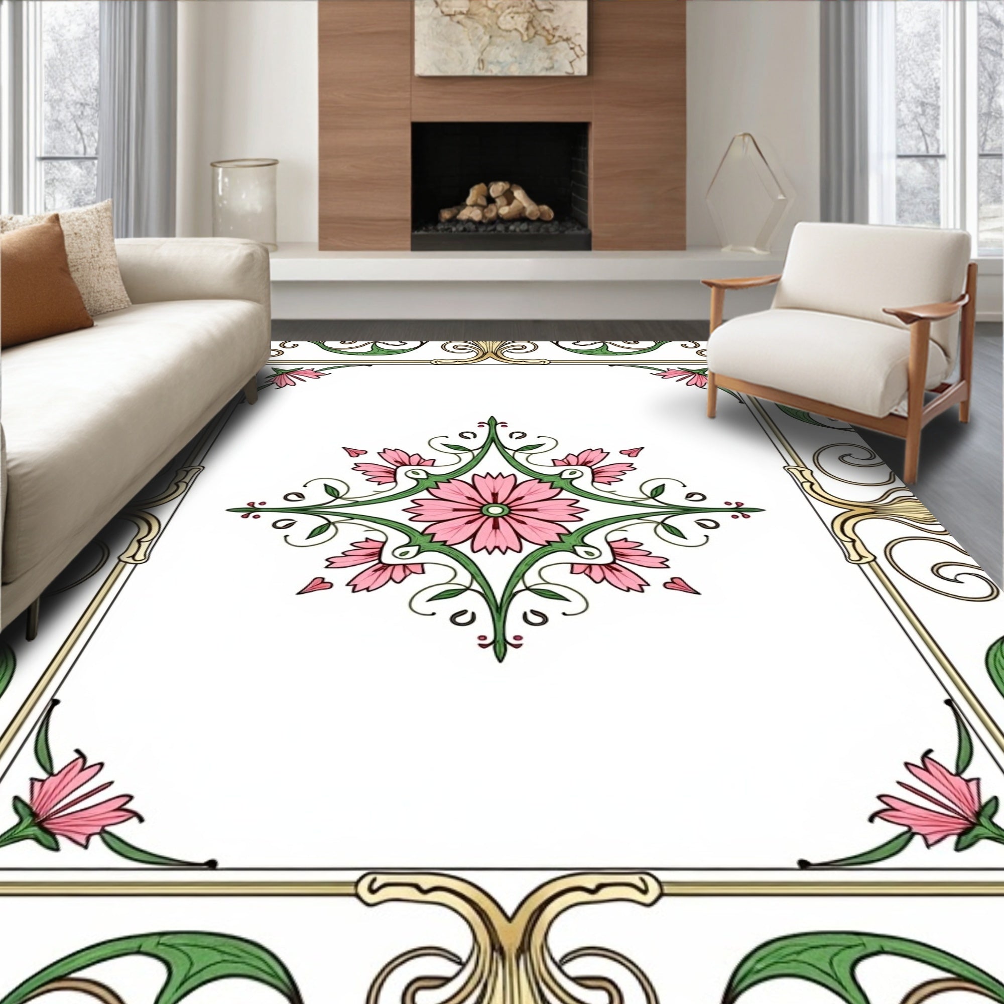 Elegant Floral Inlay Frame Design Rug