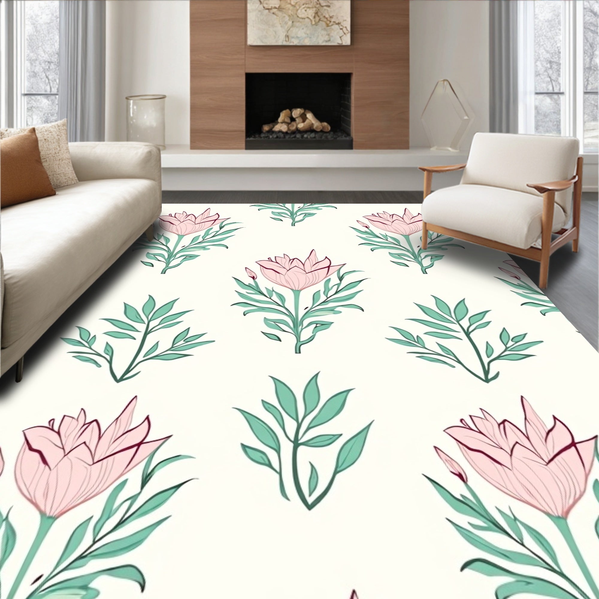 Pink Floral Botanical Pattern Design Rug