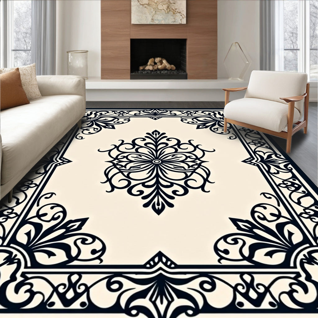 Classic Black Cream Floral Scroll Rug