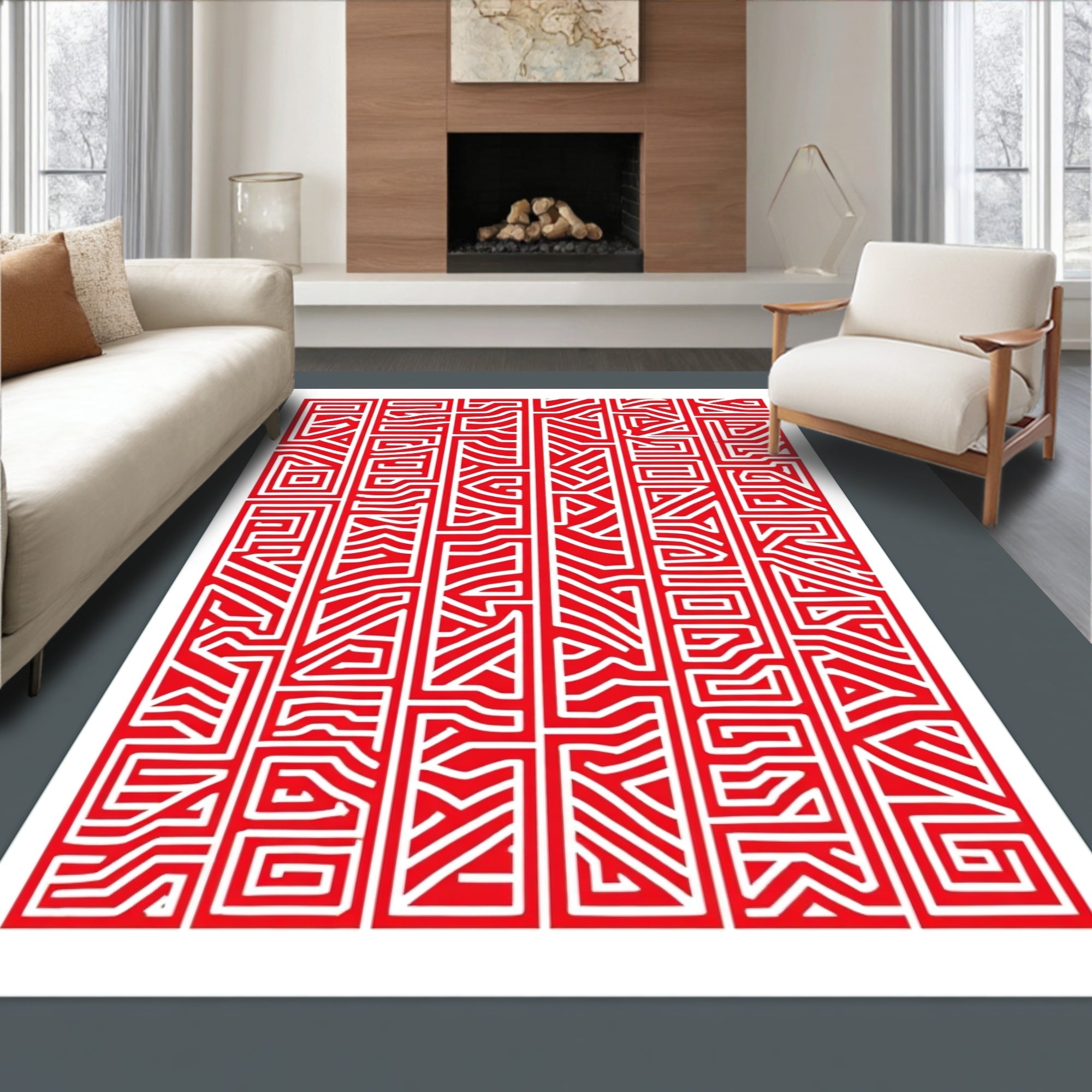 Bold Red Geometric Maze Pattern Rug