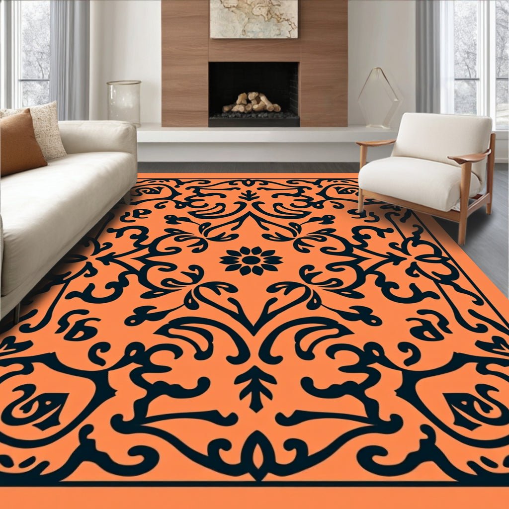 Ornate Floral Patterned Orange Rug