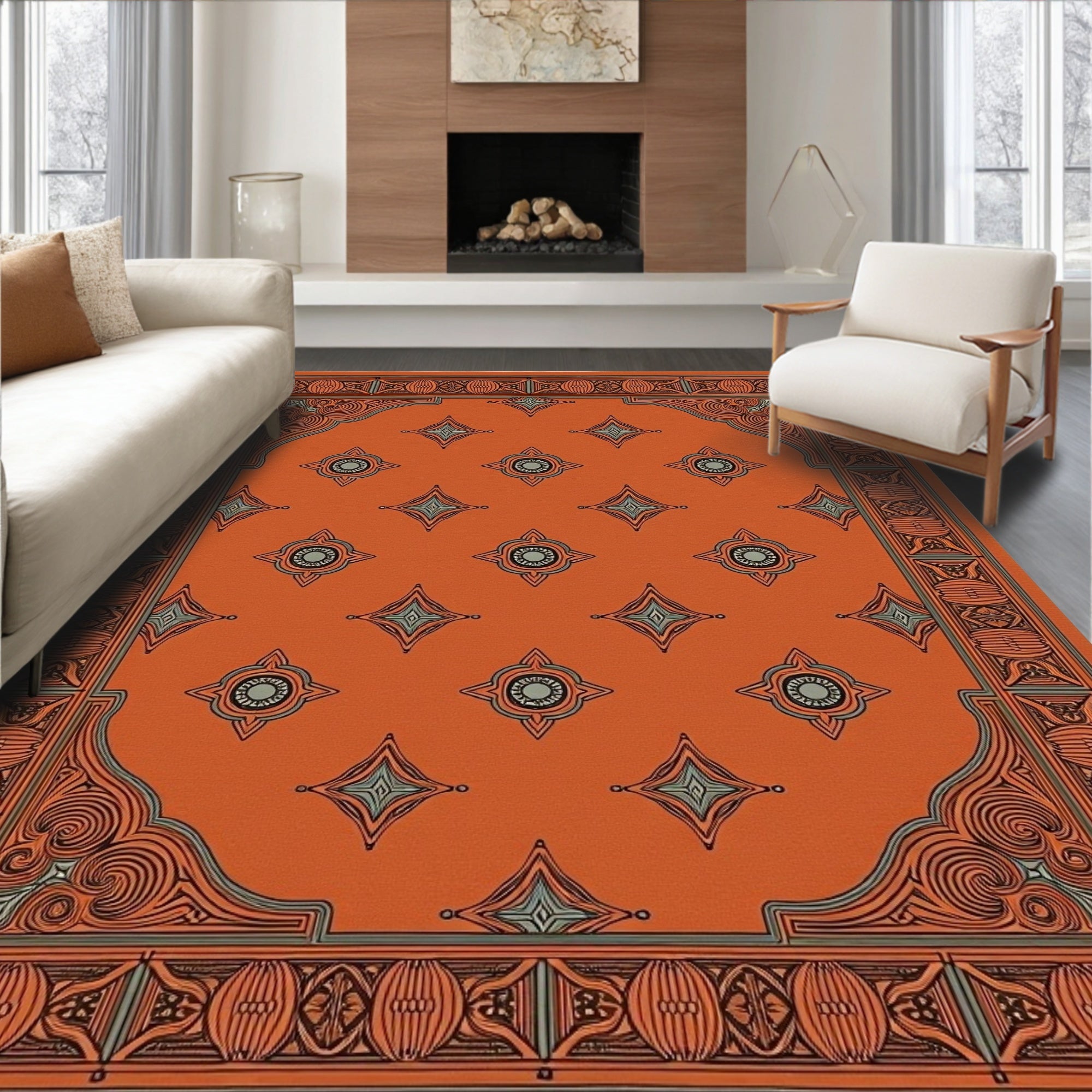 Ornate Orange Geometric Pattern Rug