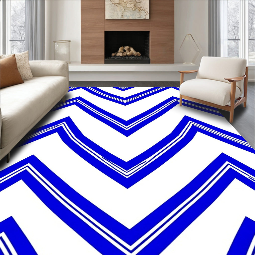 Bold Blue White Zag Pattern Rug