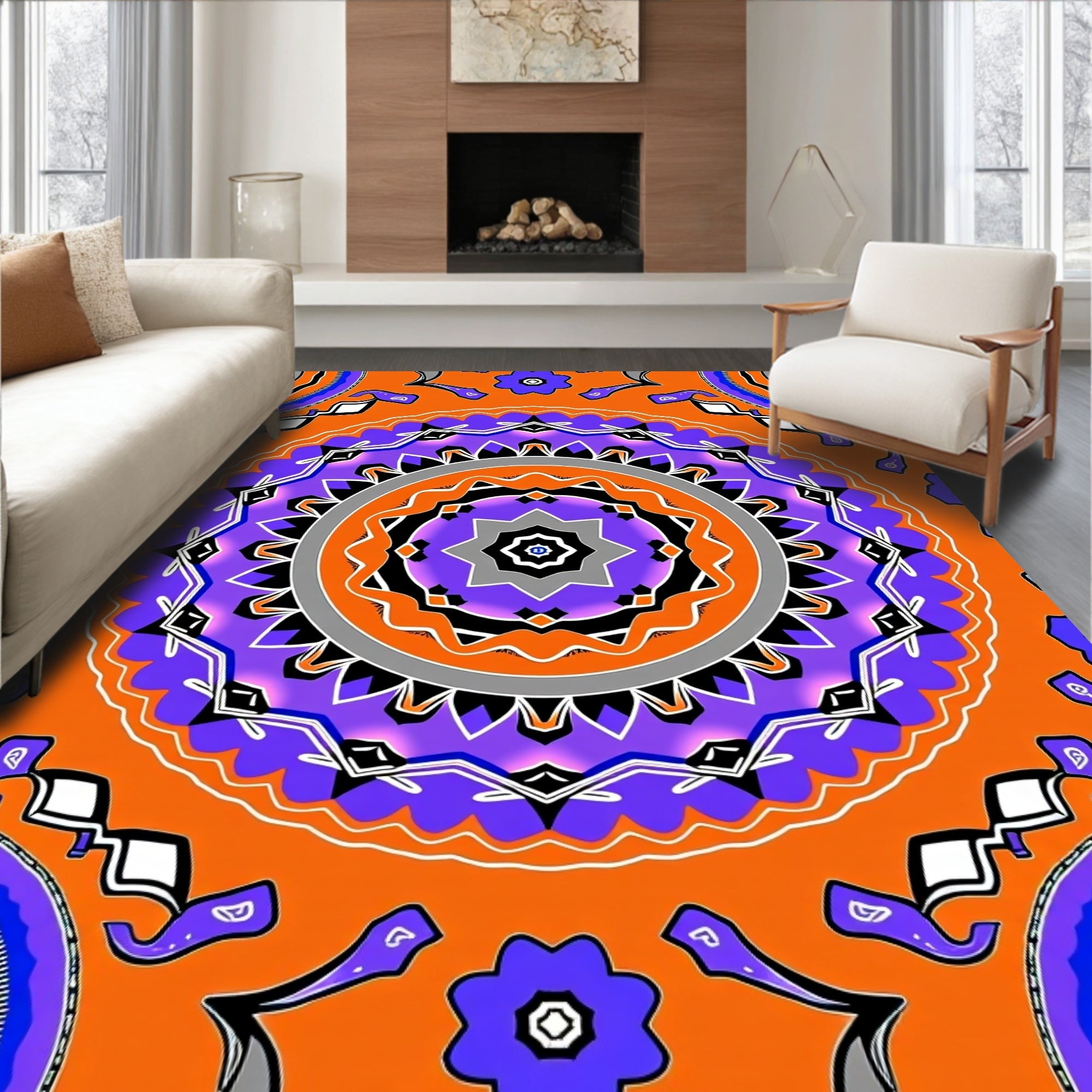 Vibrant Orange Purple Mandala Pattern Rug