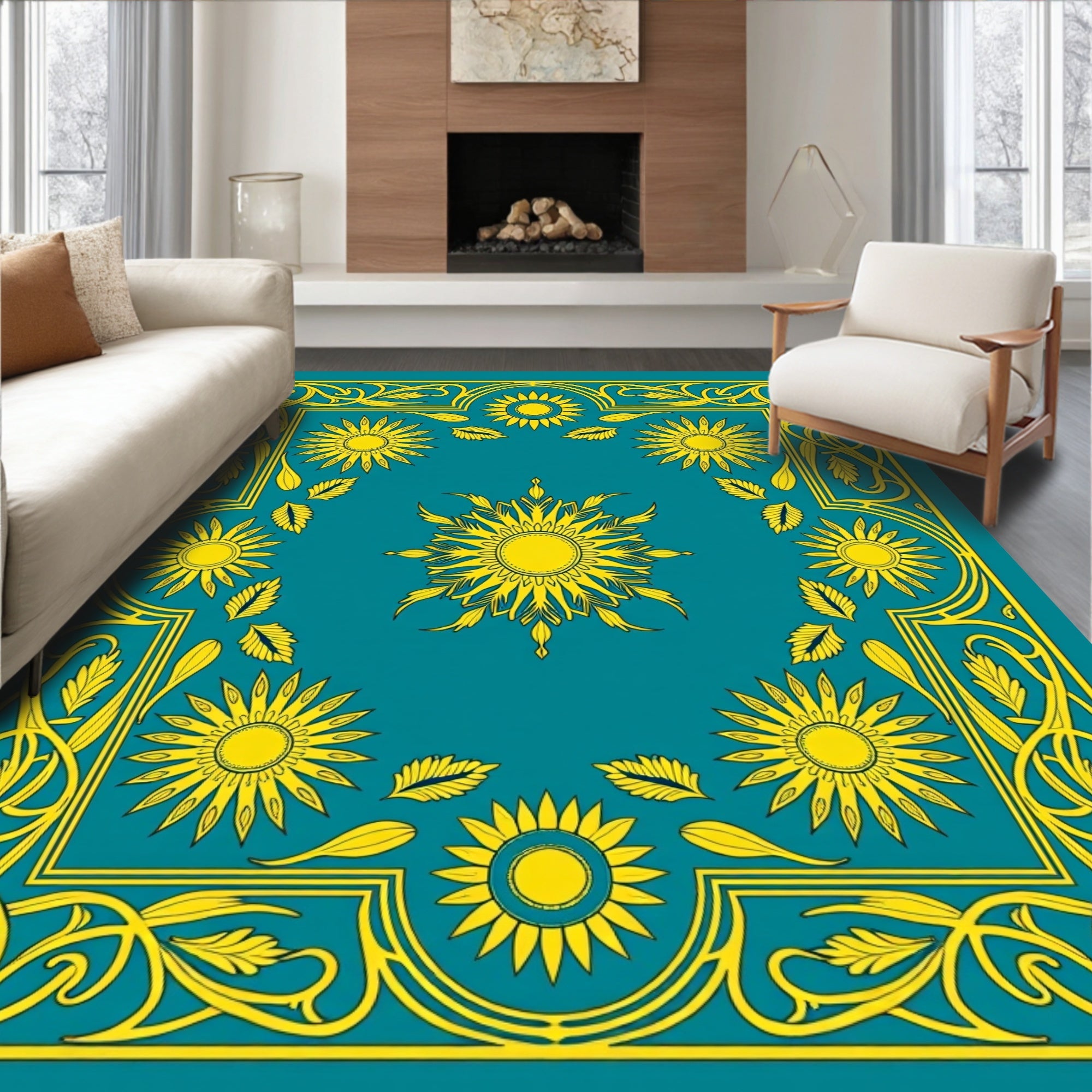 Golden Sunburst Floral Framed Rug