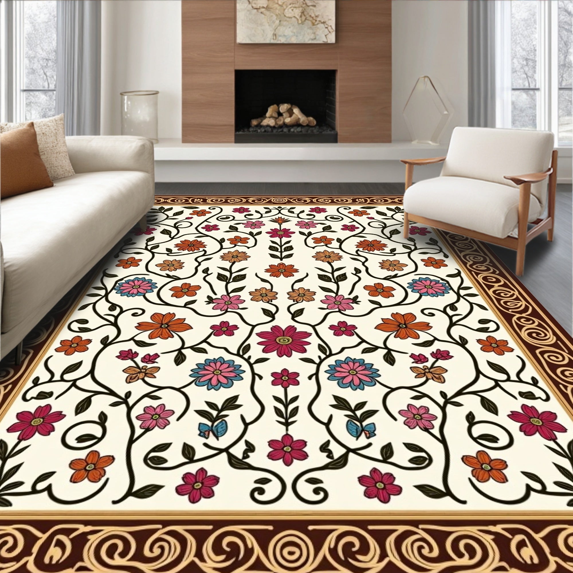 Floral Vine Pattern With Ornate Border Rug