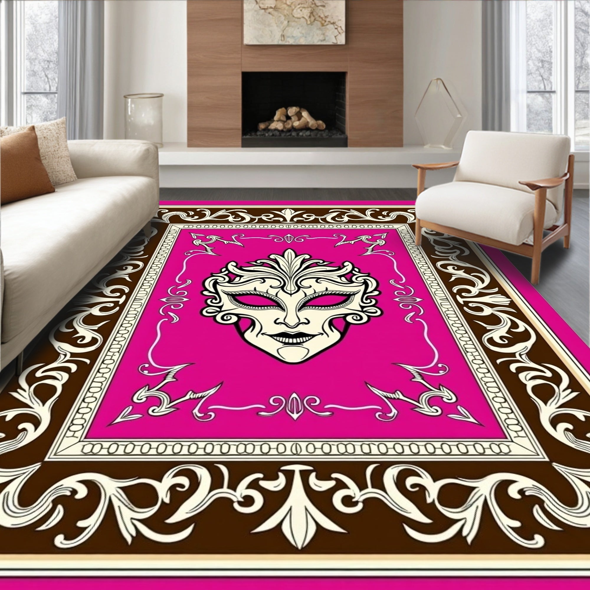Ornate Mask Floral Border Design Rug