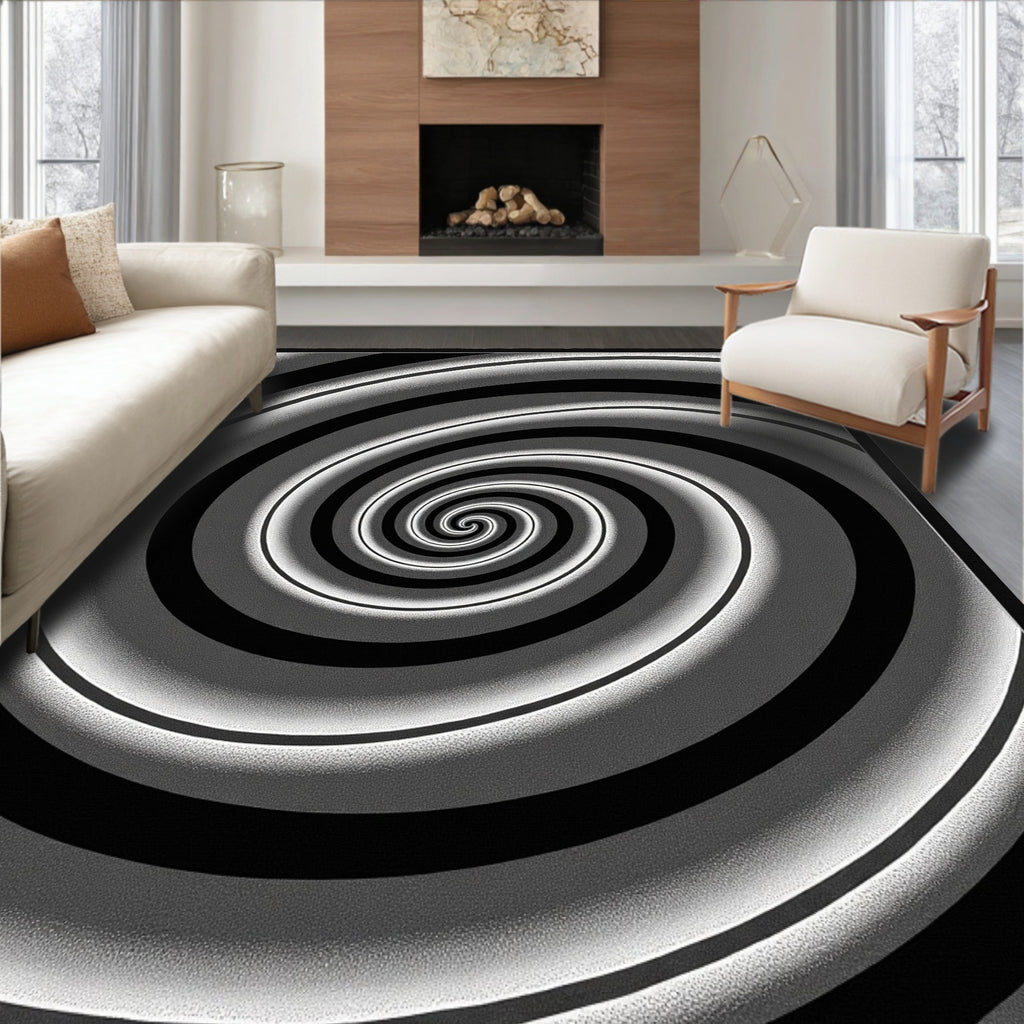 Abstract Black White Spiral Design Rug