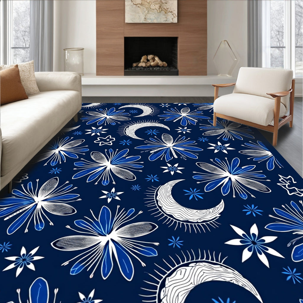 Celestial Moon Star Floral Pattern Rug