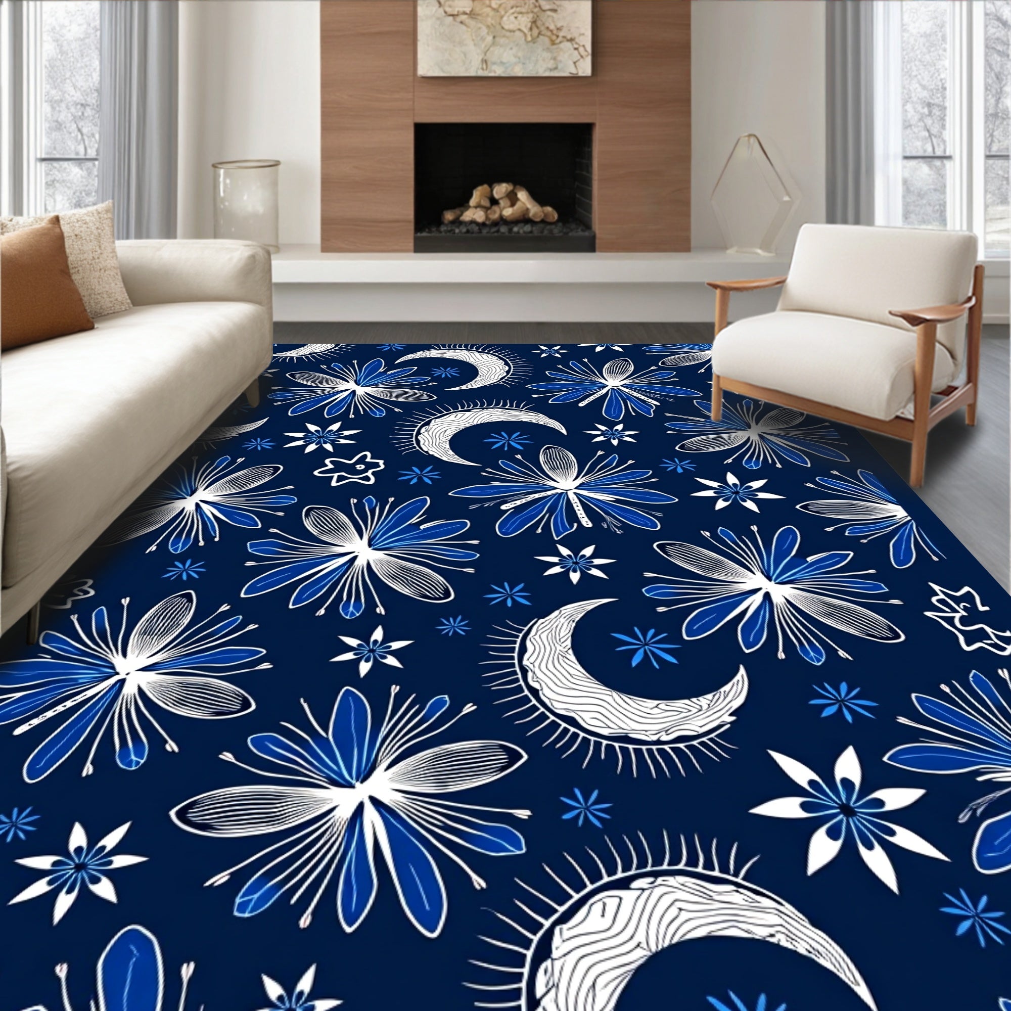 Celestial Moon Star Floral Pattern Rug