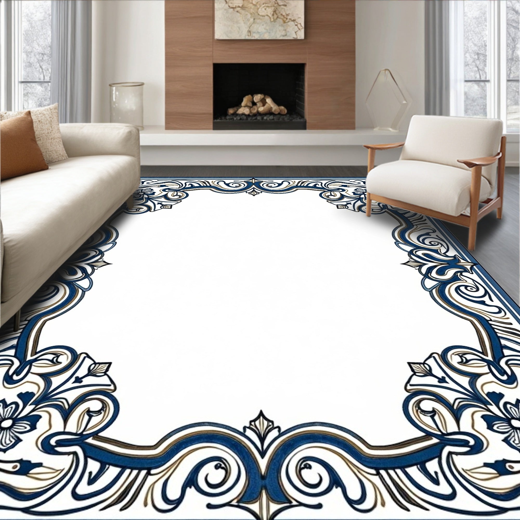 Intricate Blue Floral Scrollwork Frame Rug