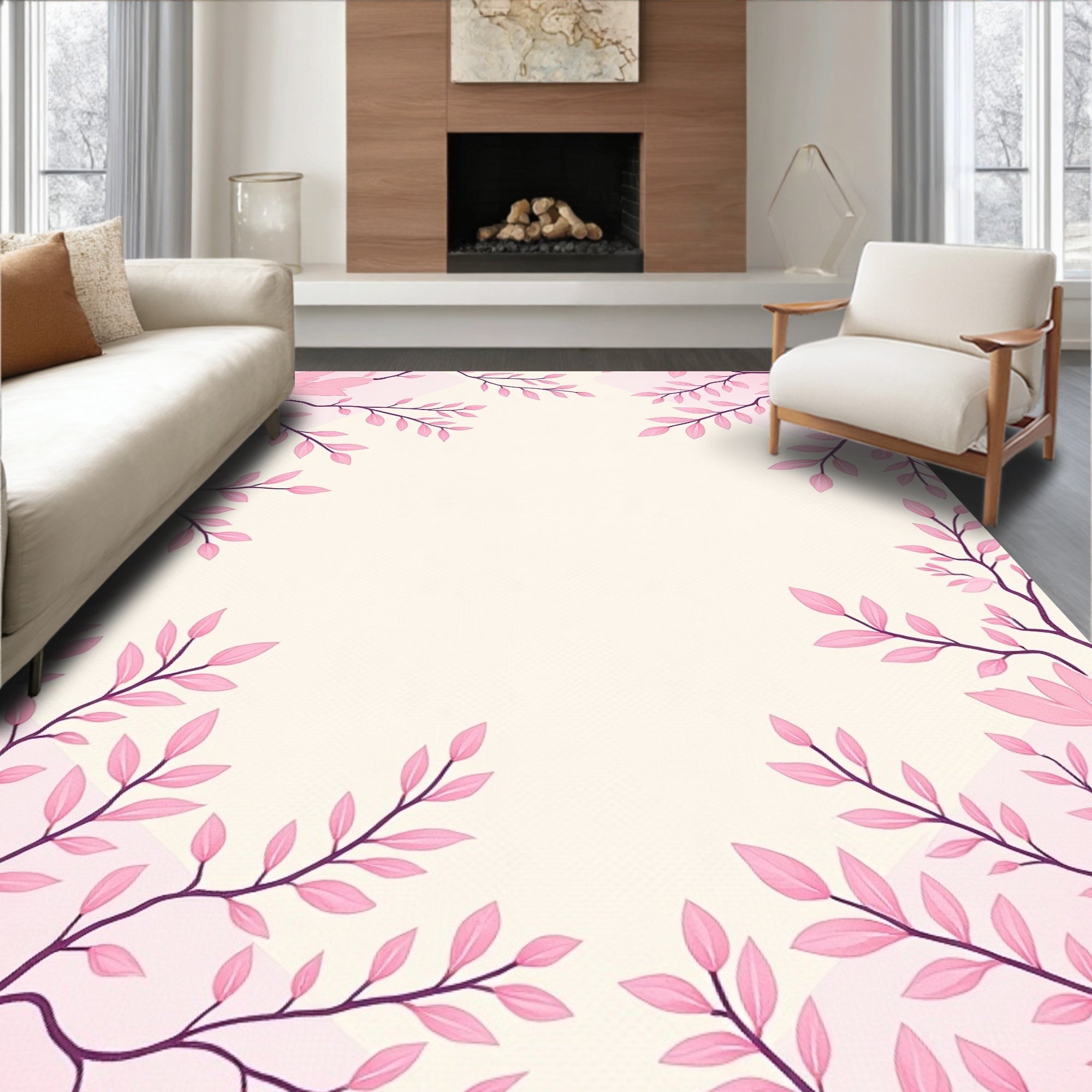 Soft Pink Floral Branch Border Rug