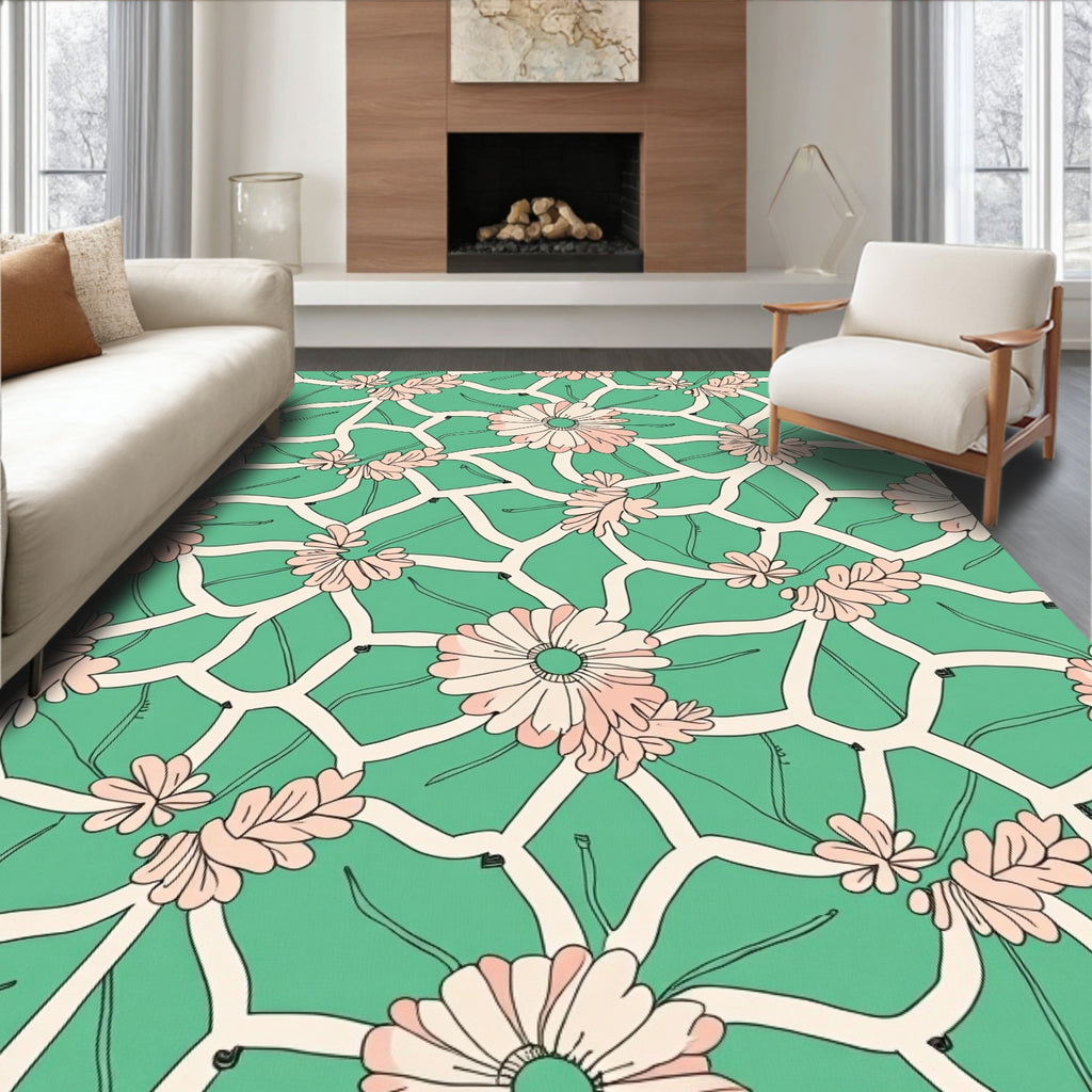 Floral Lattice Pink Green Pattern Rug