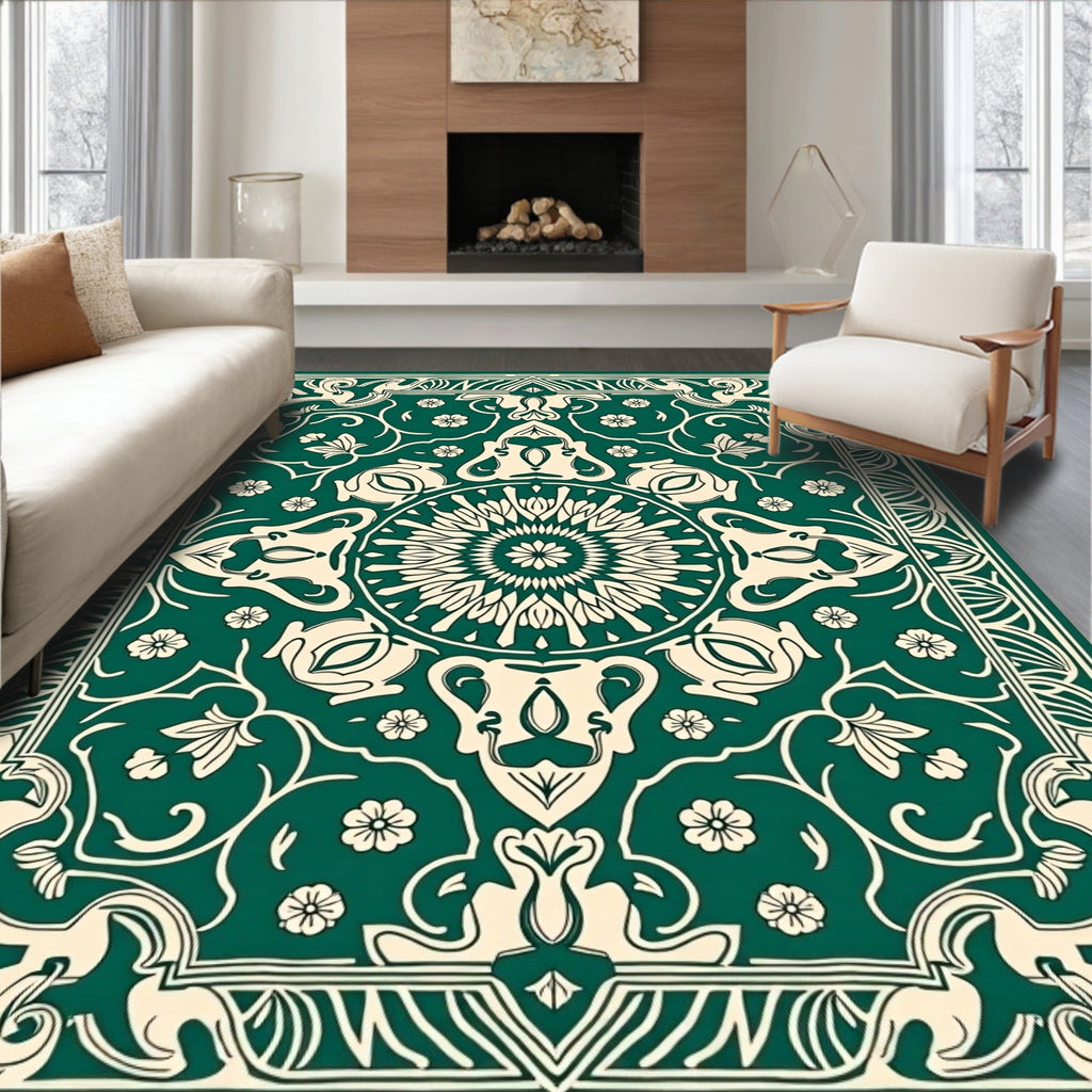 Emerald Beige Floral Mandala Pattern Rug