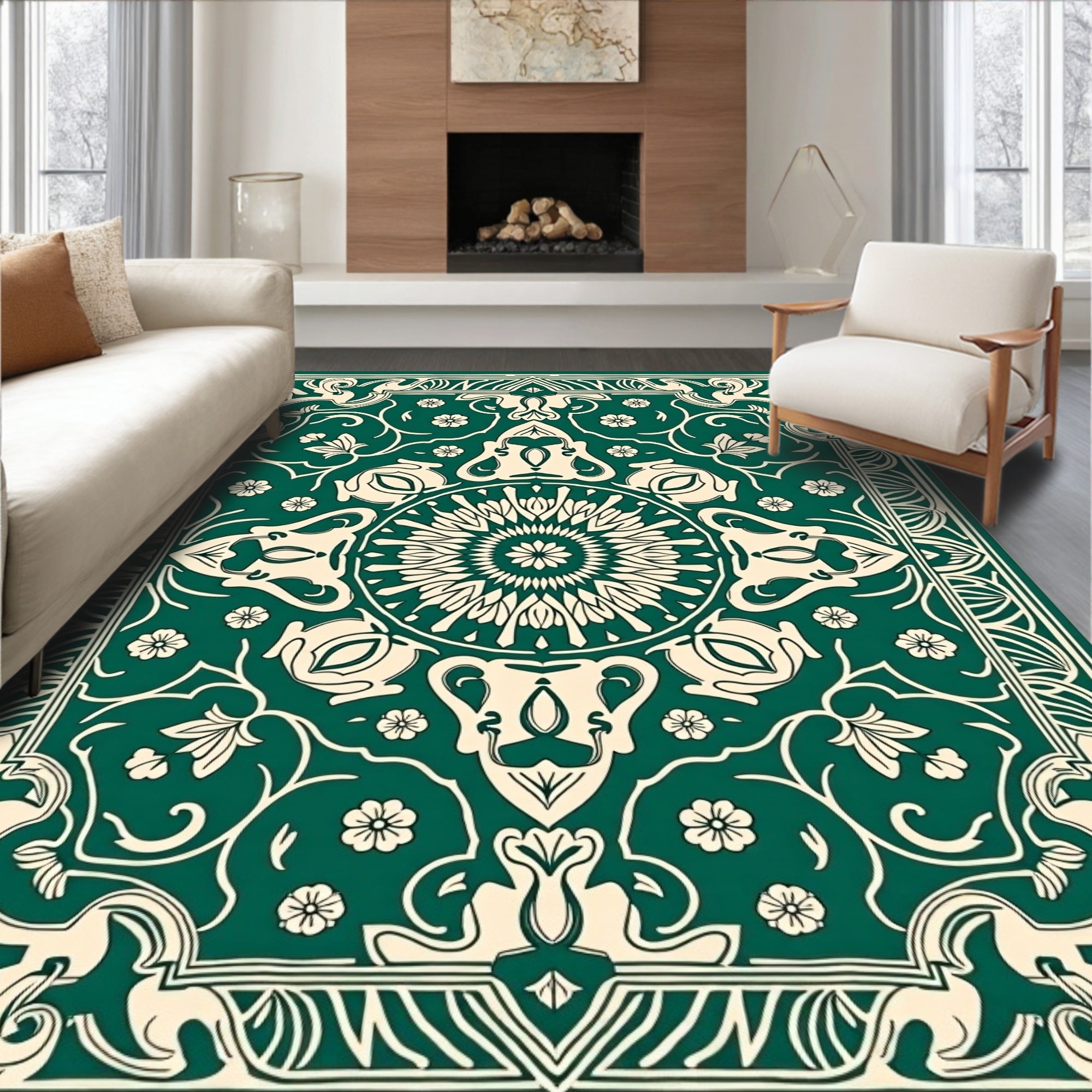 Emerald Beige Floral Mandala Pattern Rug