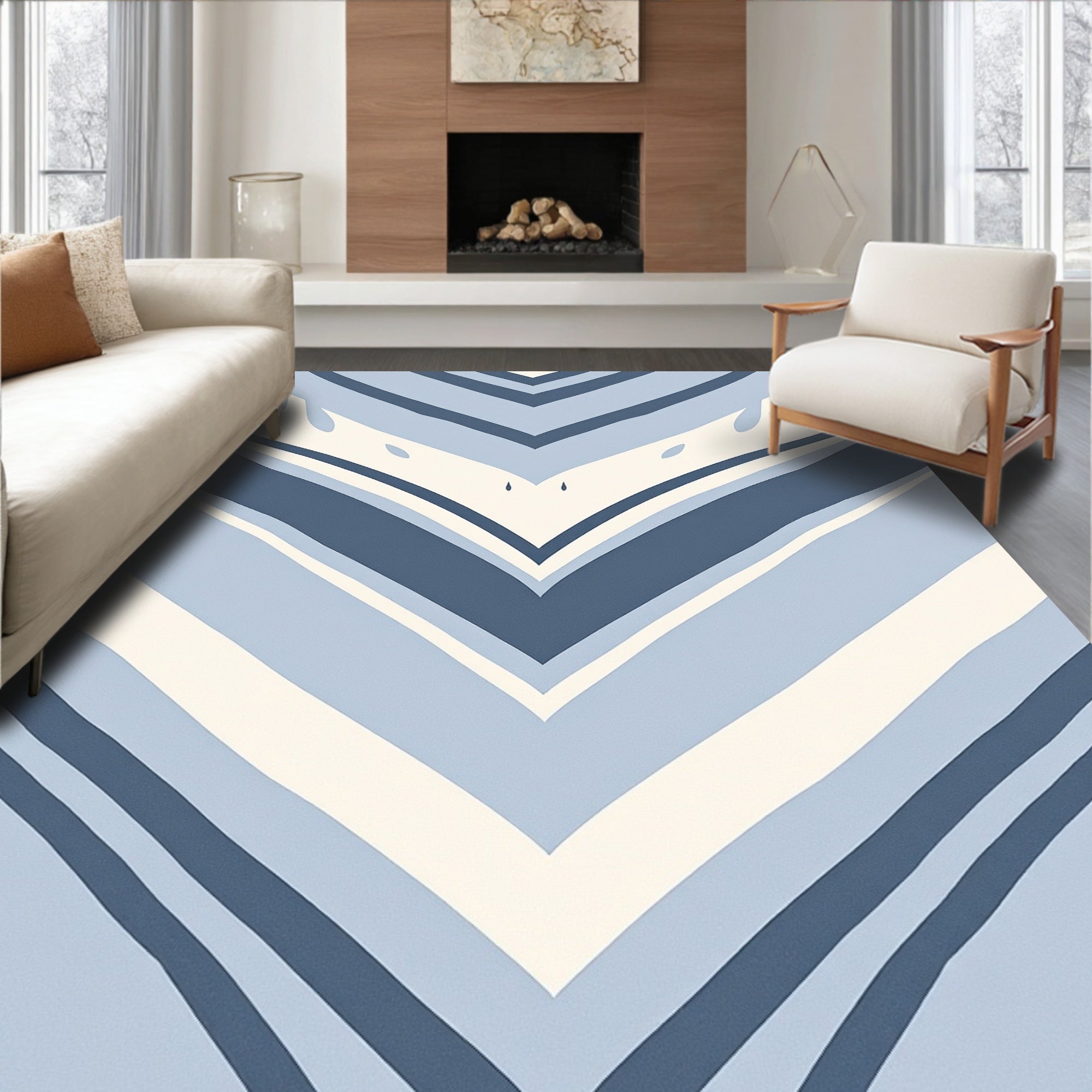 Abstract Blue Wavy Chevron Pattern Rug