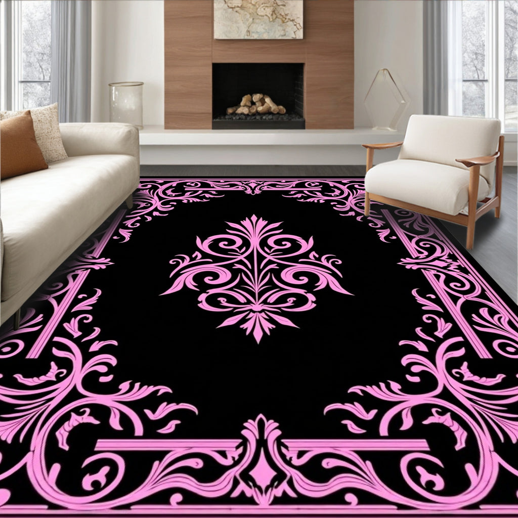 Ornate Pink Acanthus Scrollwork Square Design Rug