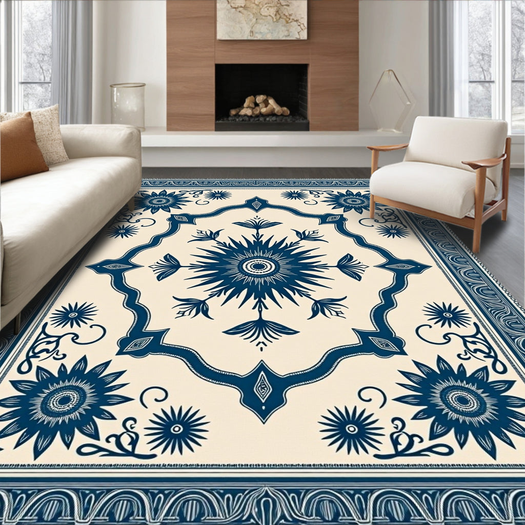 Ornate Blue Floral medallion Pattern Rug