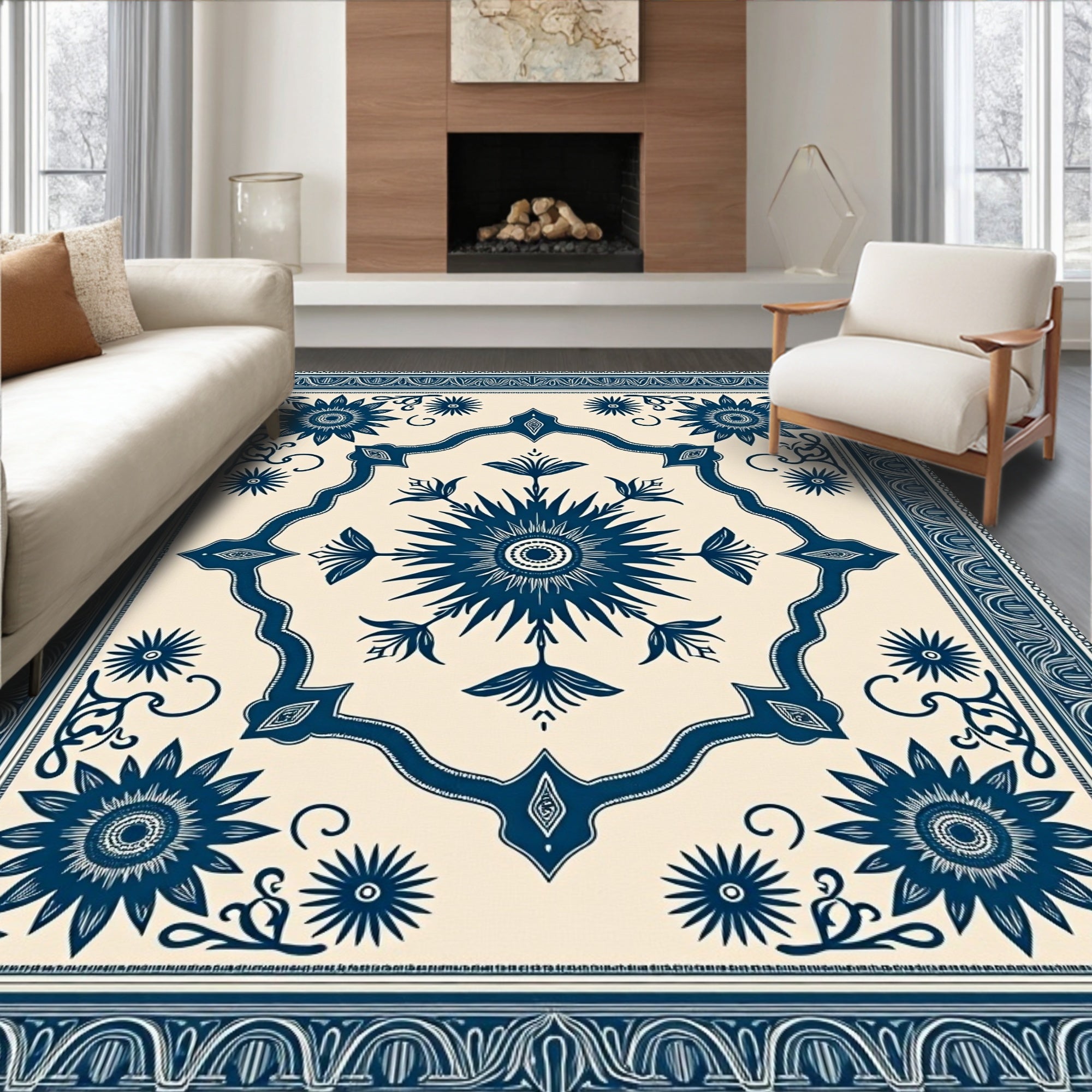 Ornate Blue Floral medallion Pattern Rug