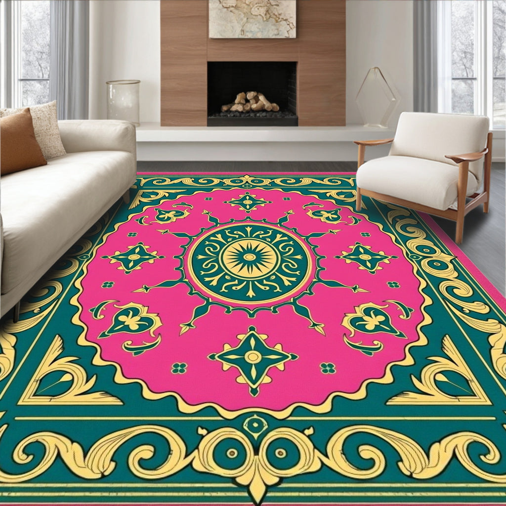 Vibrant Teal Gold Medallion Pattern Rug
