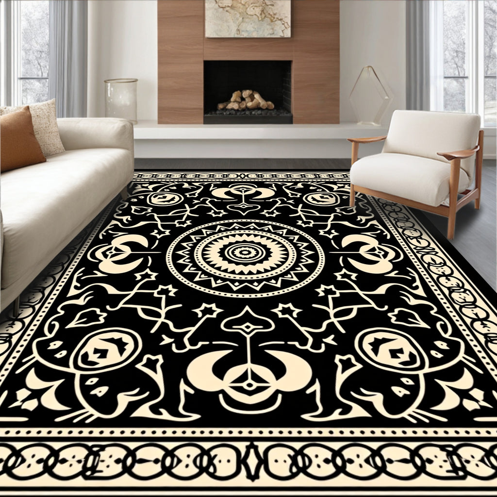 Black Cream Intricate Floral Mandala Rug