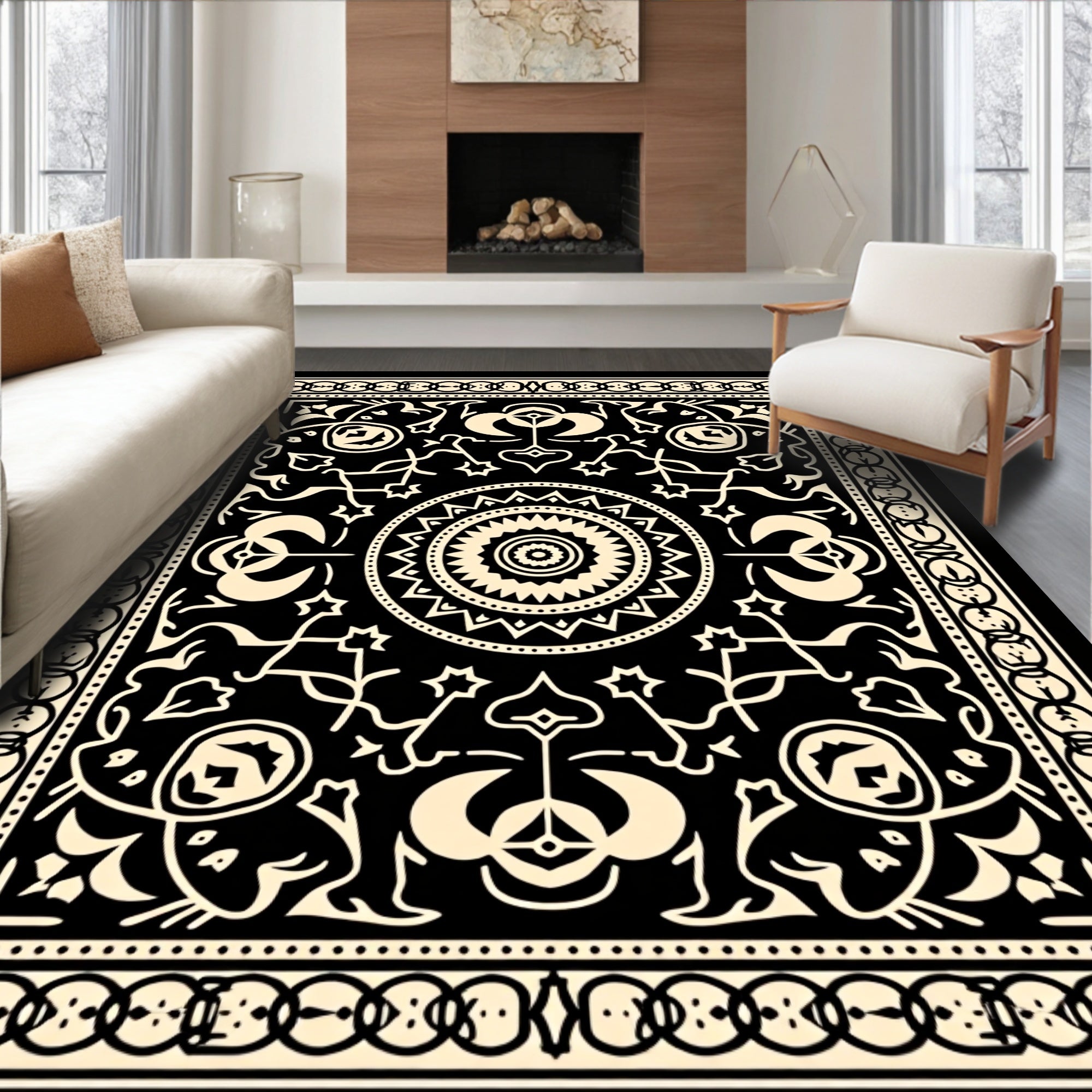 Black Cream Intricate Floral Mandala Rug