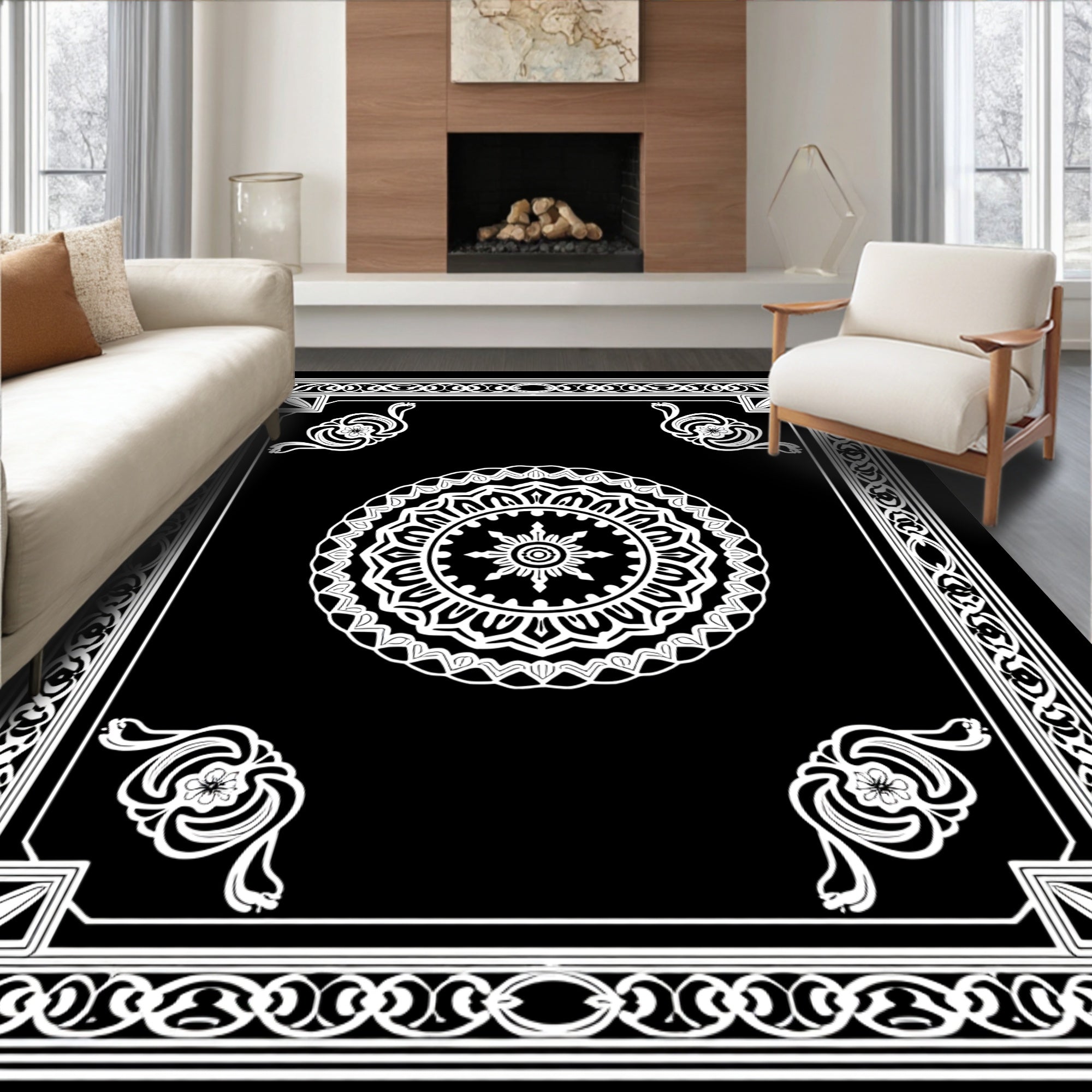 Intricate Black White Floral Mandala Border Rug
