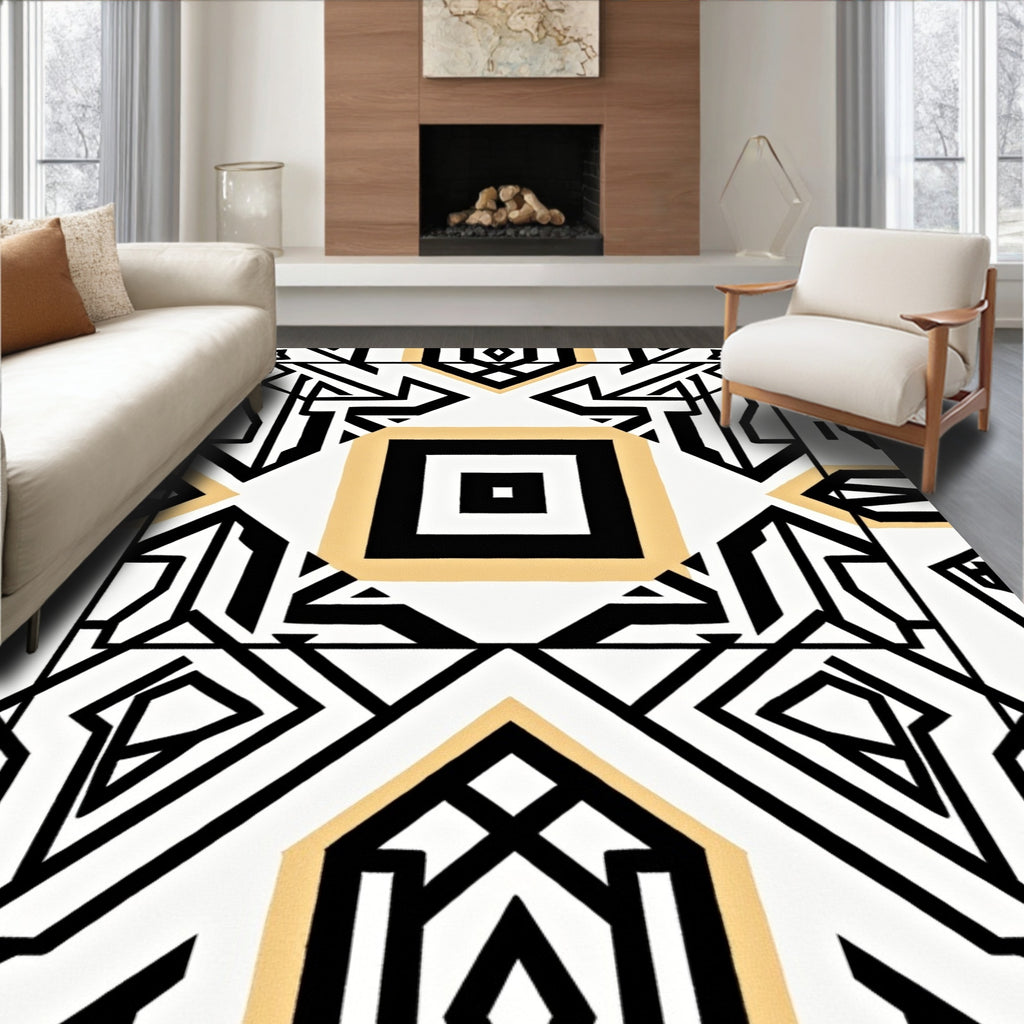 Art Deco Geometric Black White Gold Rug