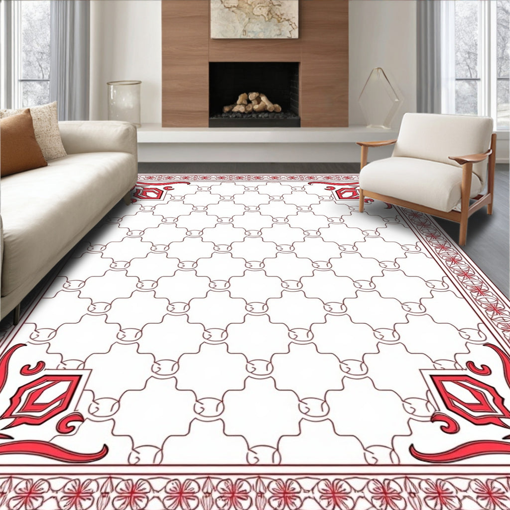 Red Cornered Geometric Lattice Design Rug