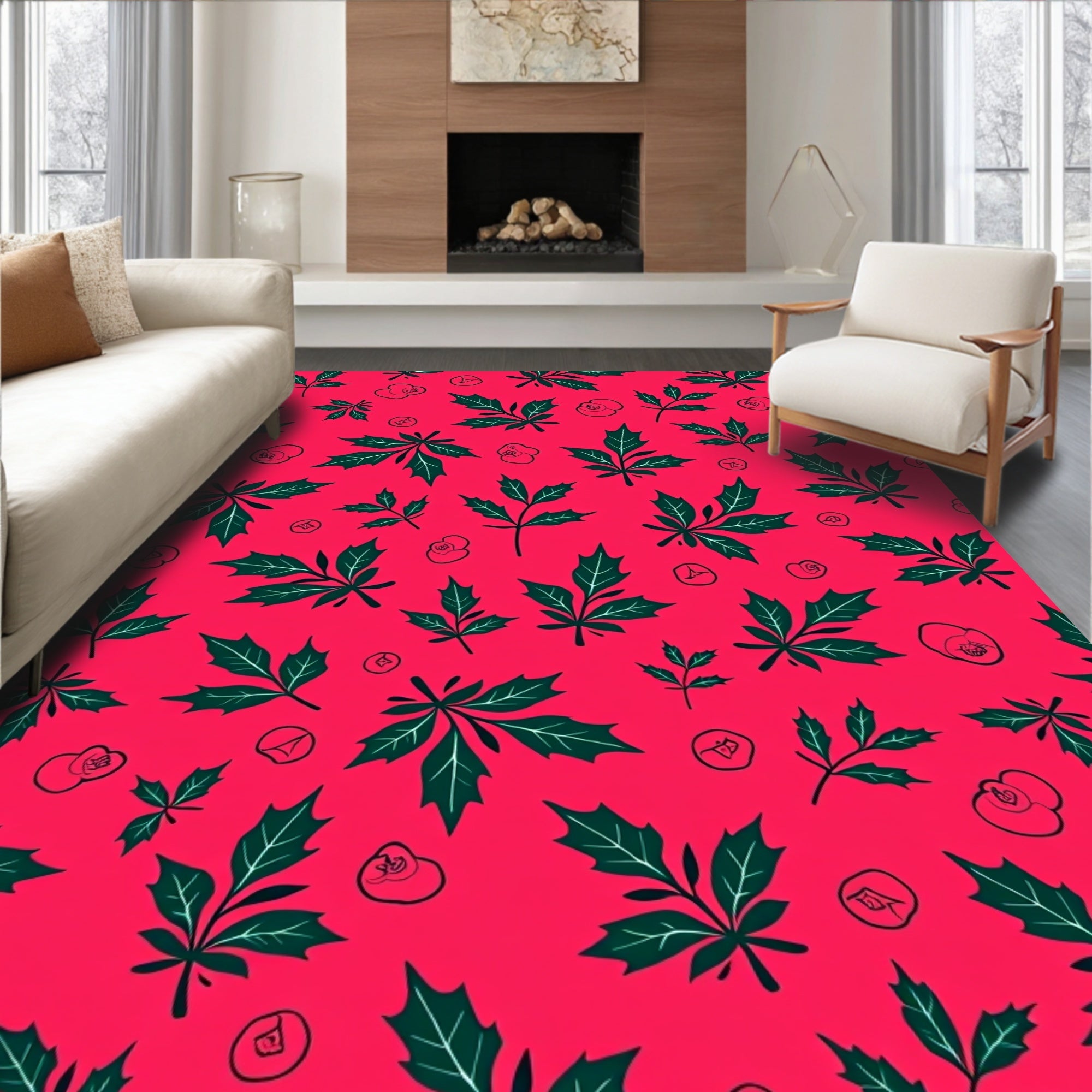 Crimson Holly Leaf Scatter Rug