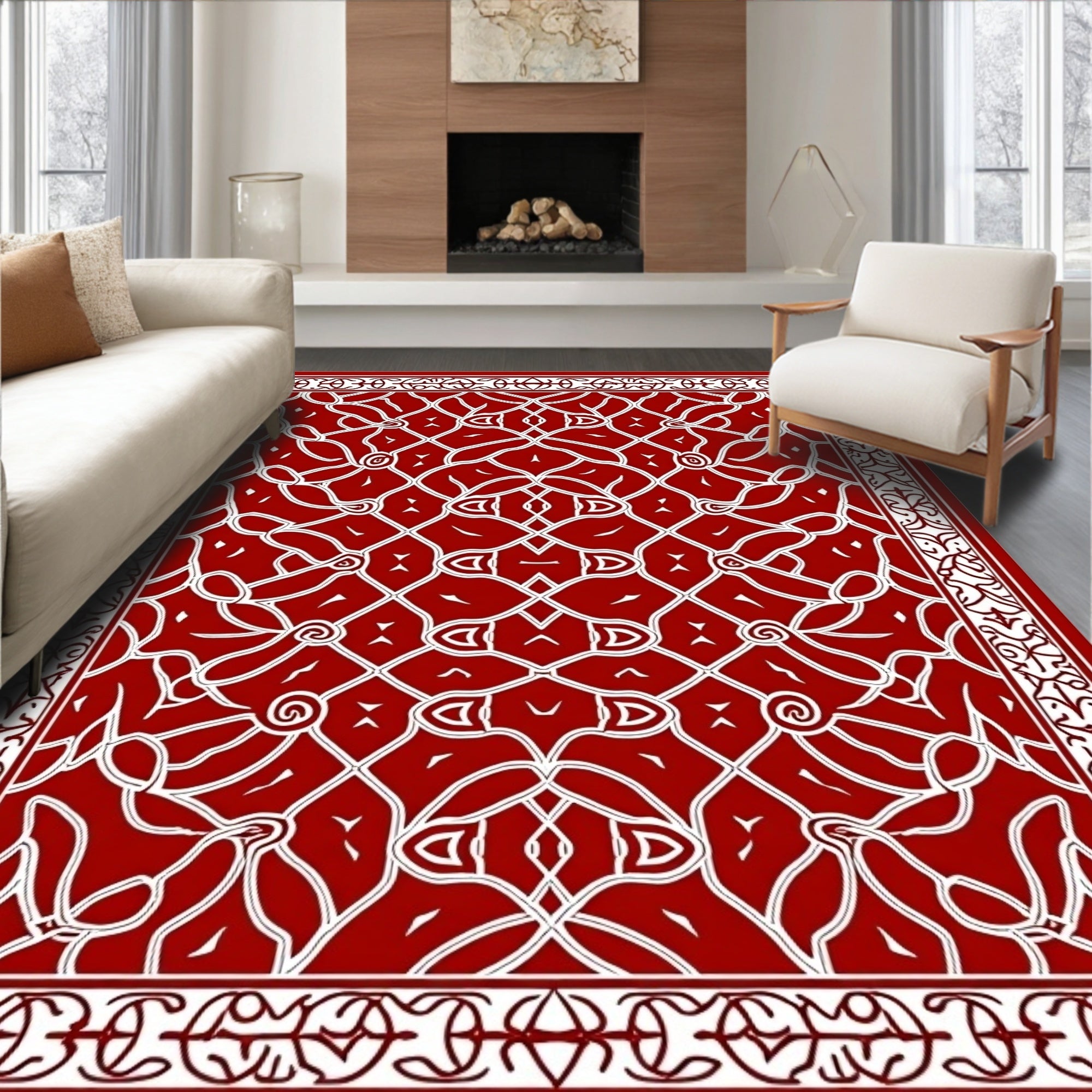 Crimson White Intricate Floral Scroll Design Rug