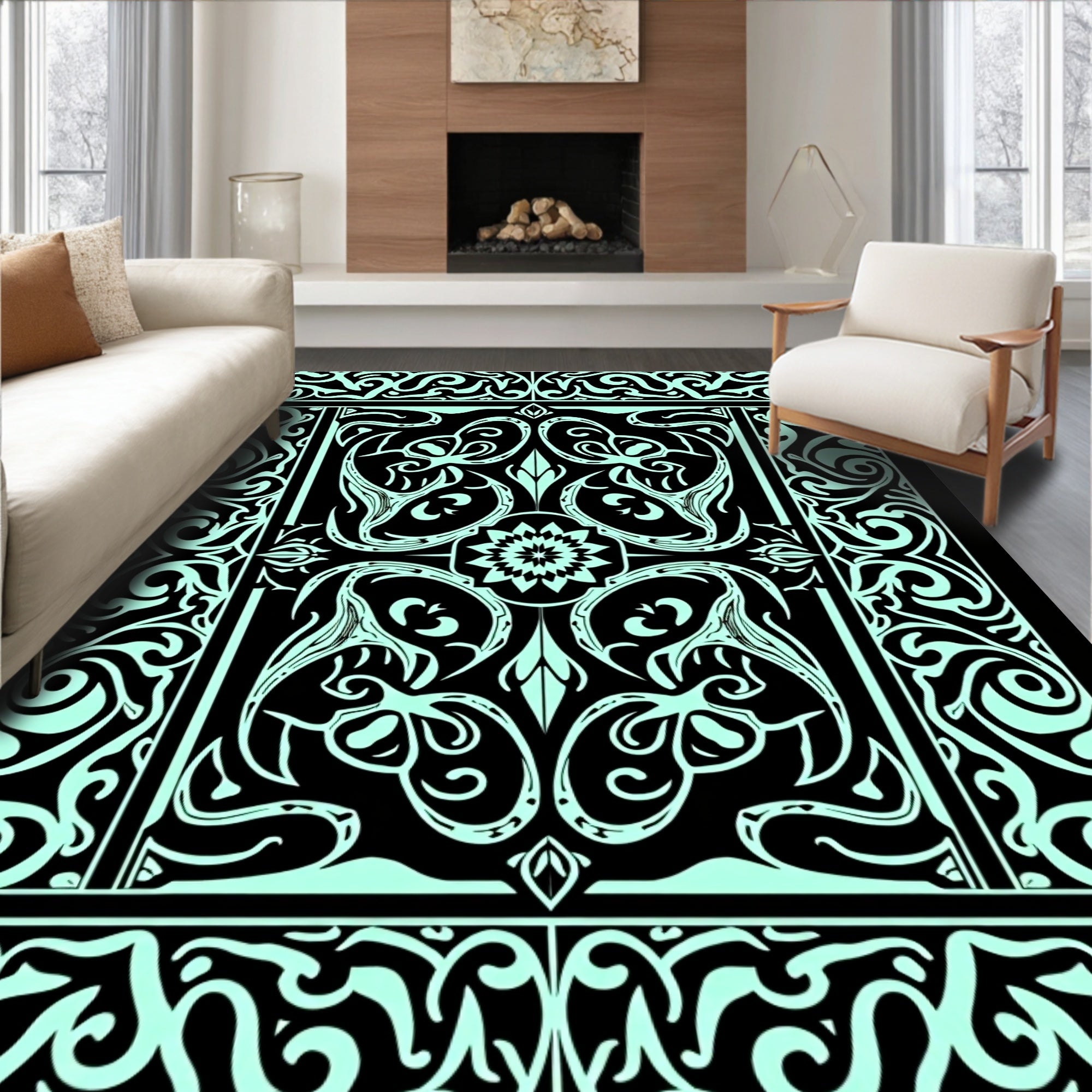 Art Deco Floral Mint Pattern Rug