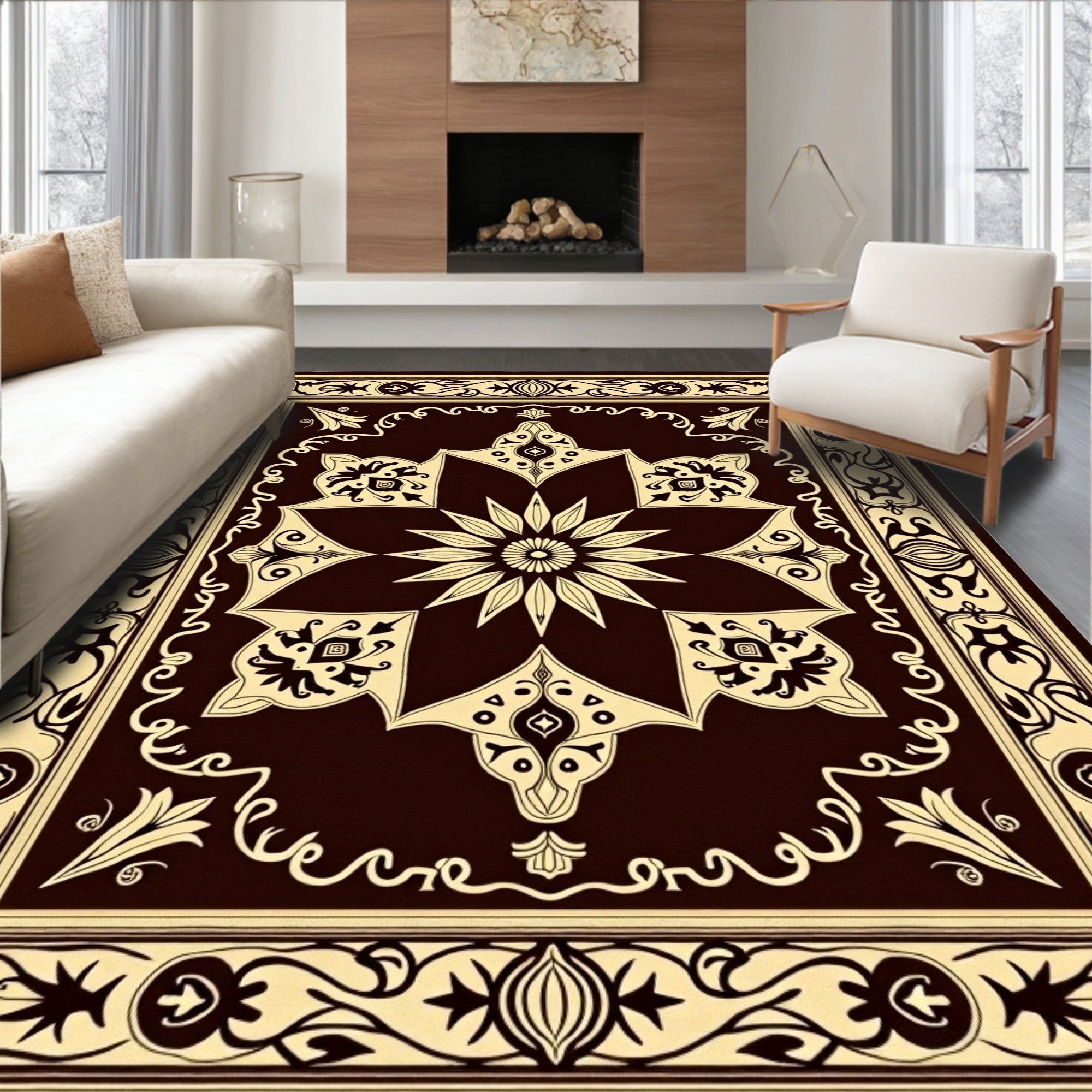 Dark Brown Floral Medallion Border Design Rug