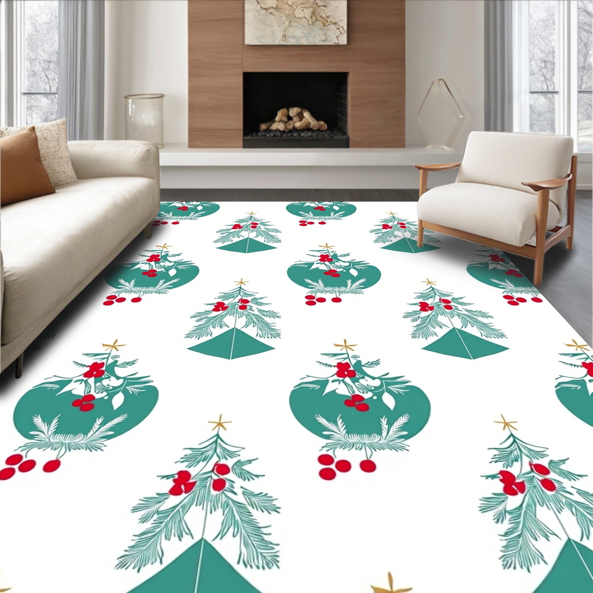 Forest Teal Red Berry Christmas Trees Rug