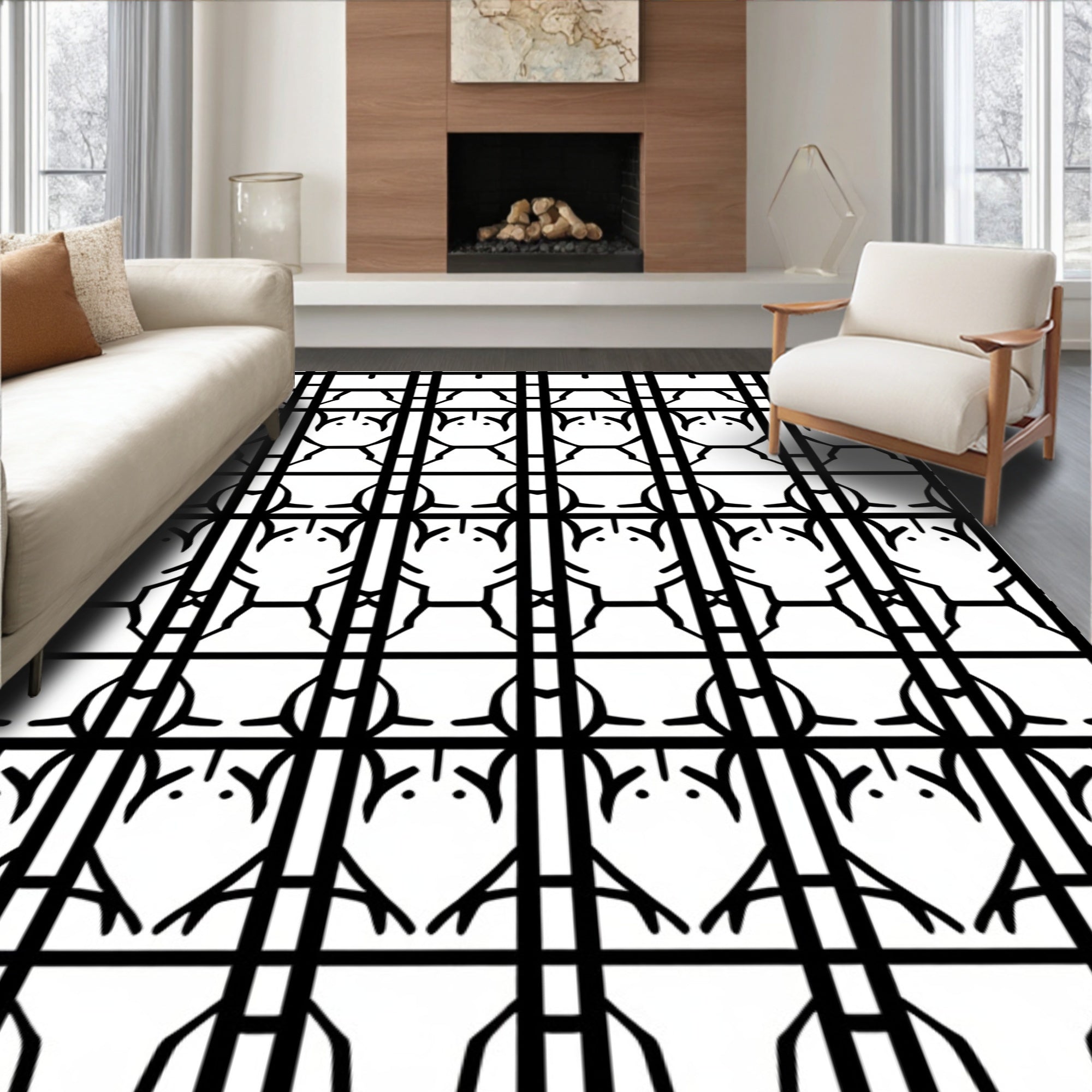 Monochrome Geometric Grid Pattern Rug