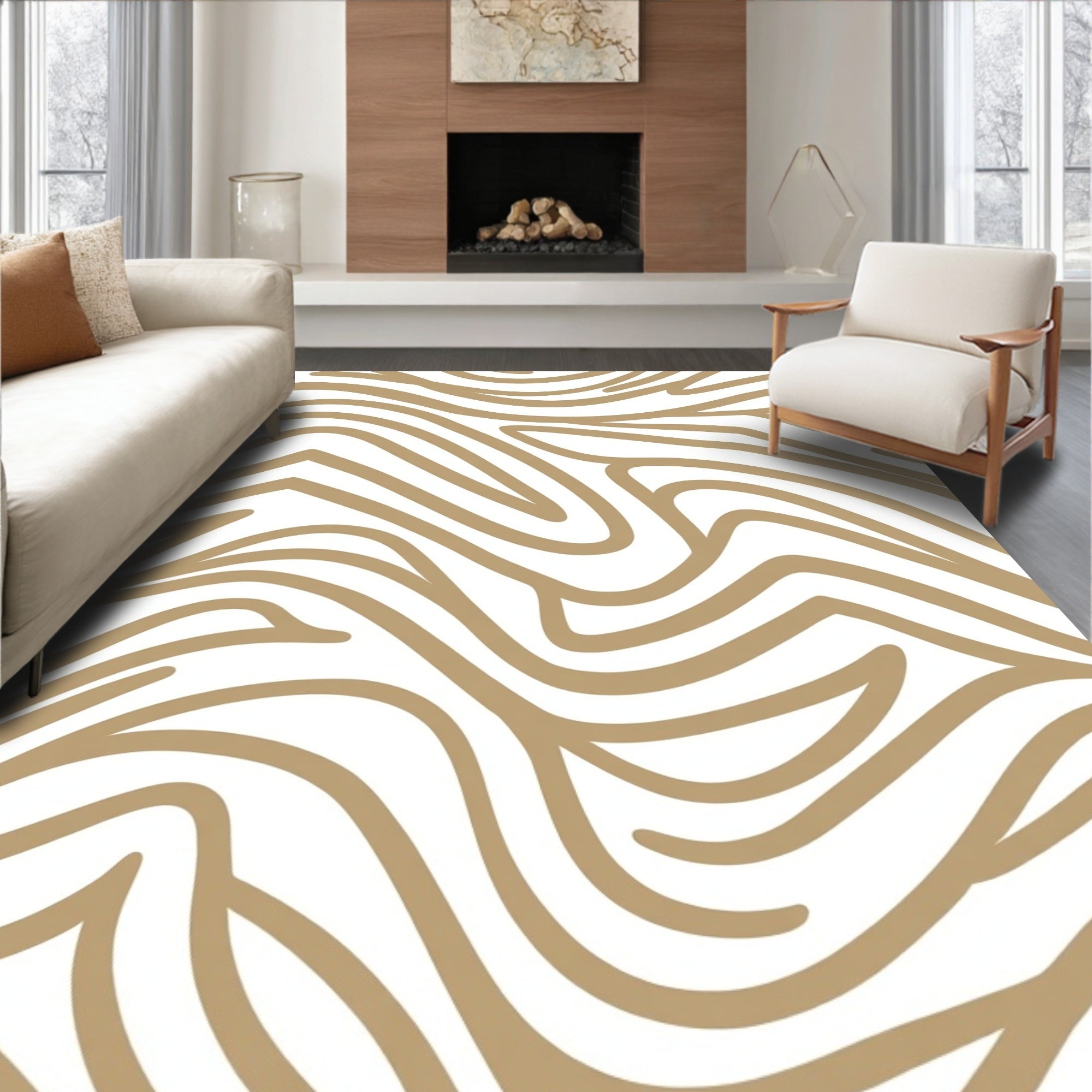 Abstract Gold Wavy Lines Rug