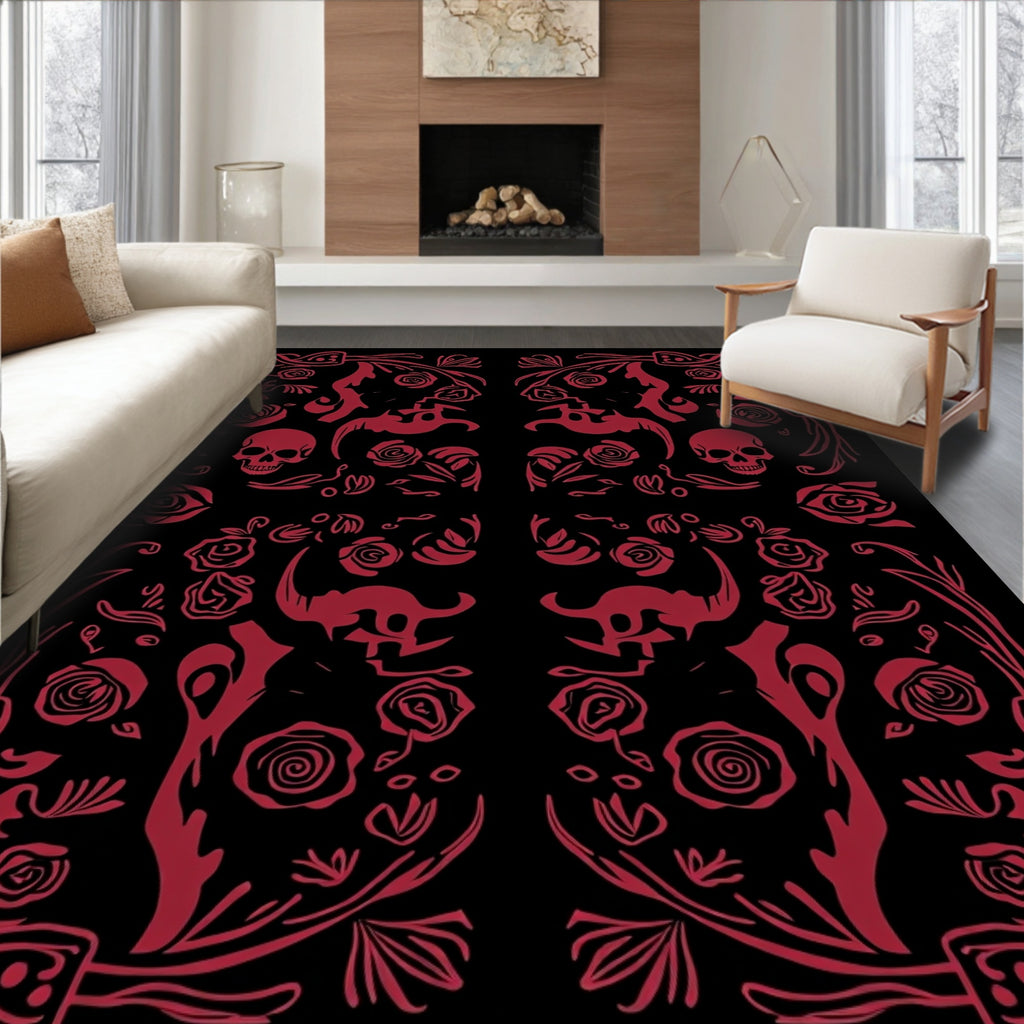 Gothic Red Rose Skull Pattern Rug