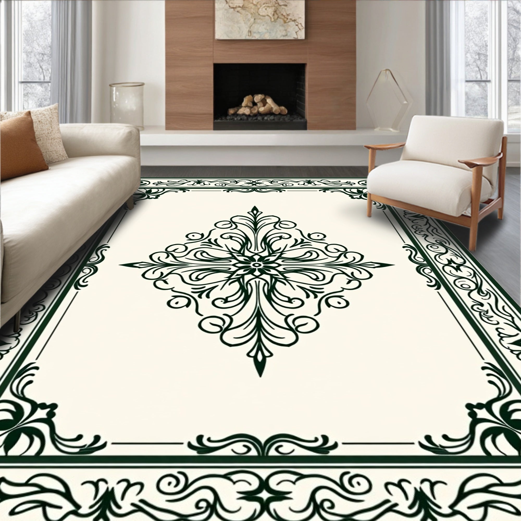 Ornamental Green Vintage Floral Pattern Rug