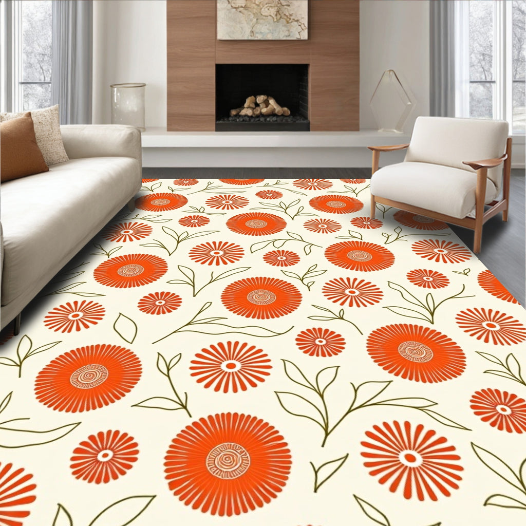 Orange Daisy Pattern with Green Stems Rug