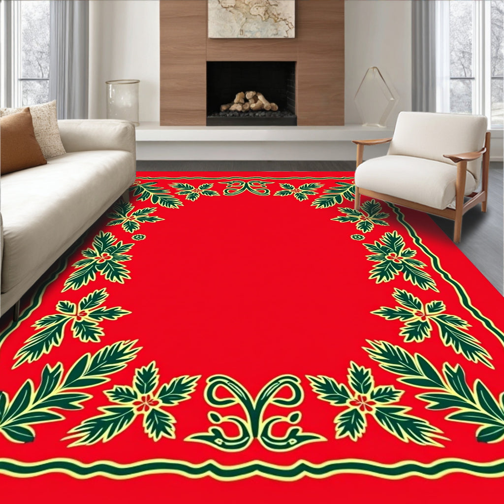 Crimson Green Floral Vine Border Rug