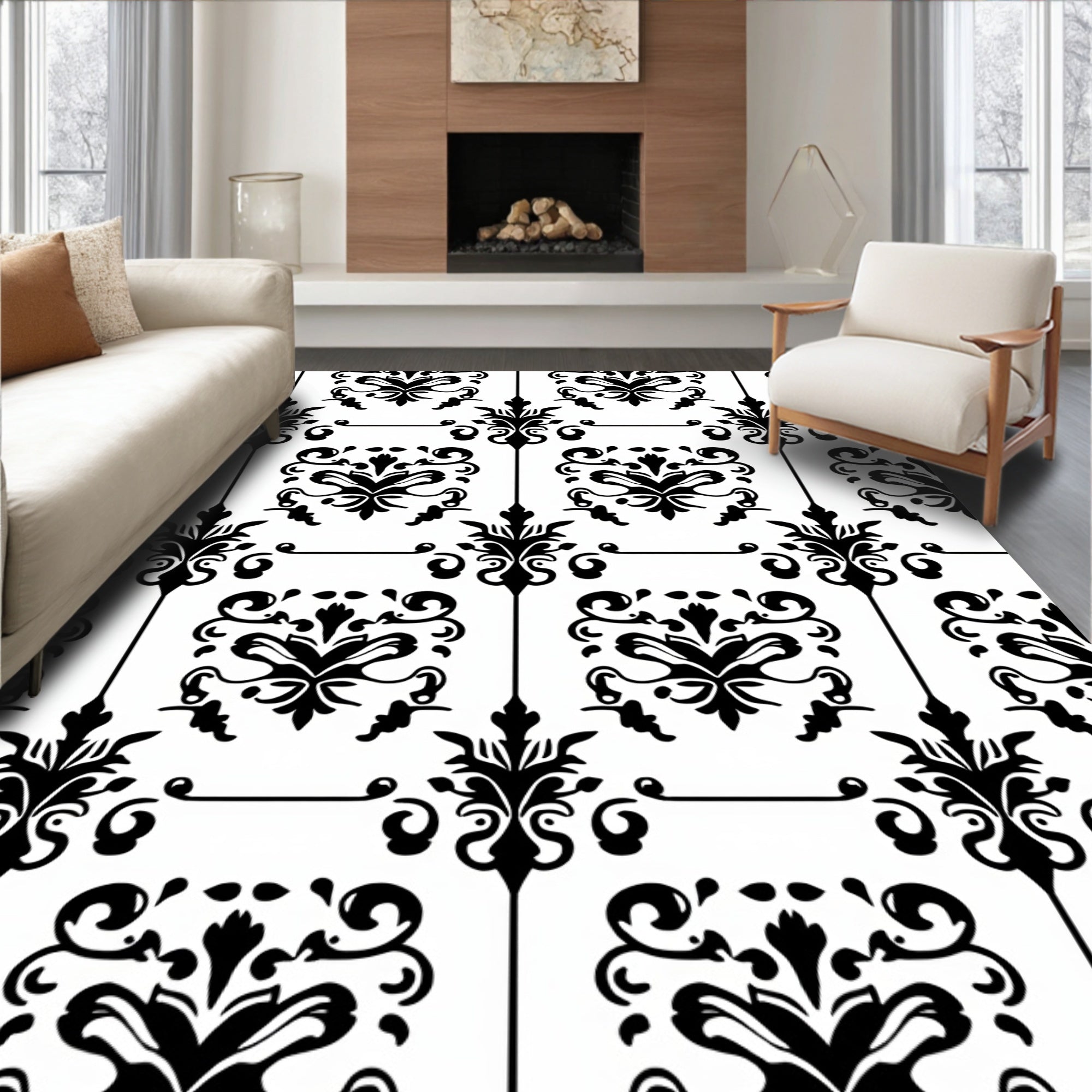 Classic Damask Floral Black White Pattern Rug