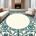 Elegant Teal Floral Scroll Frame Design Rug