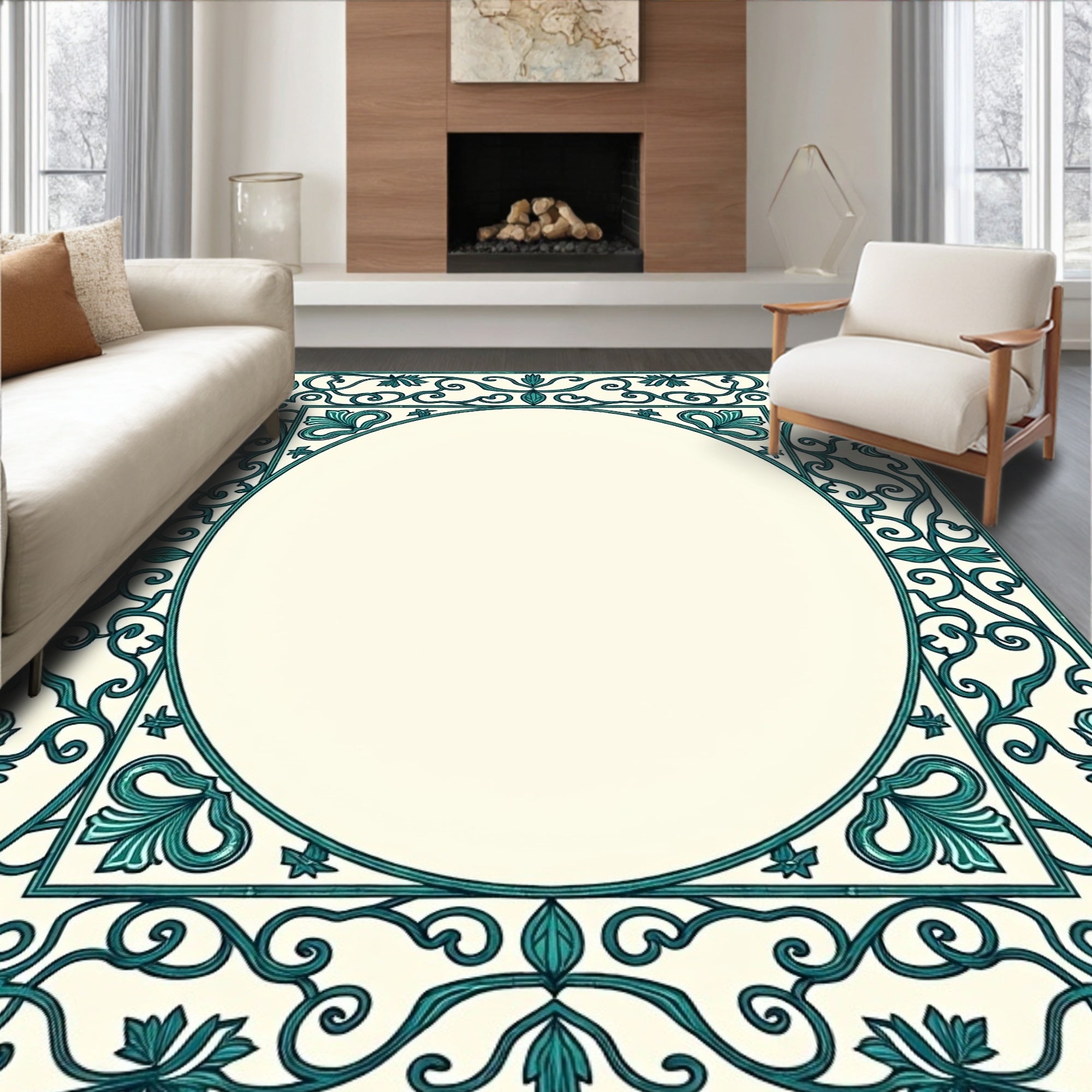 Elegant Teal Floral Scroll Frame Design Rug