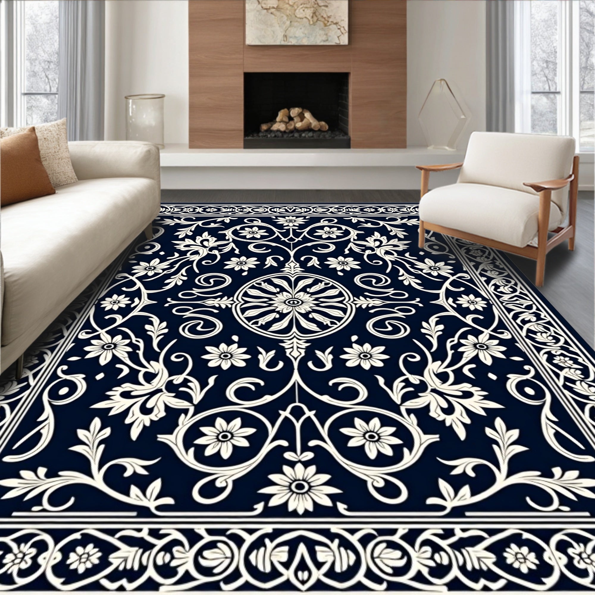 Classic Floral Medallion Navy Ivory Rug