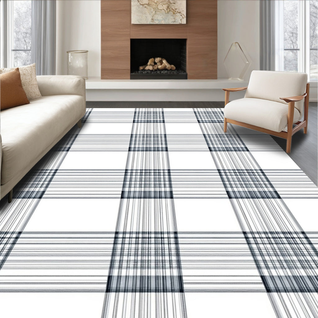 Classic Plaid Black White Pattern Rug