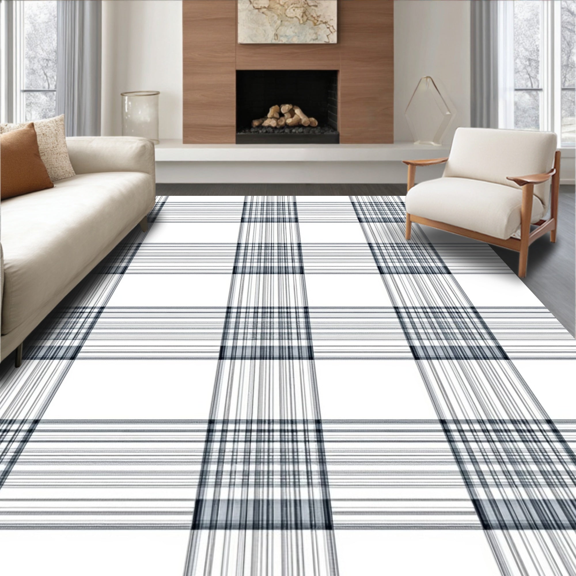 Classic Plaid Black White Pattern Rug